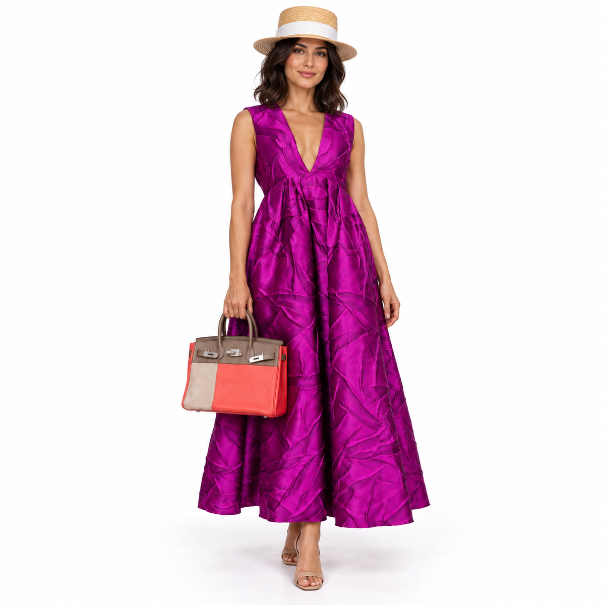 Hermès HSS Birkin 30 Tri-Color Rose Jaipur, Etoupe, Argile Clemence and Swift Brushed Palladium Hardware worn by a realistic human model in a white studio