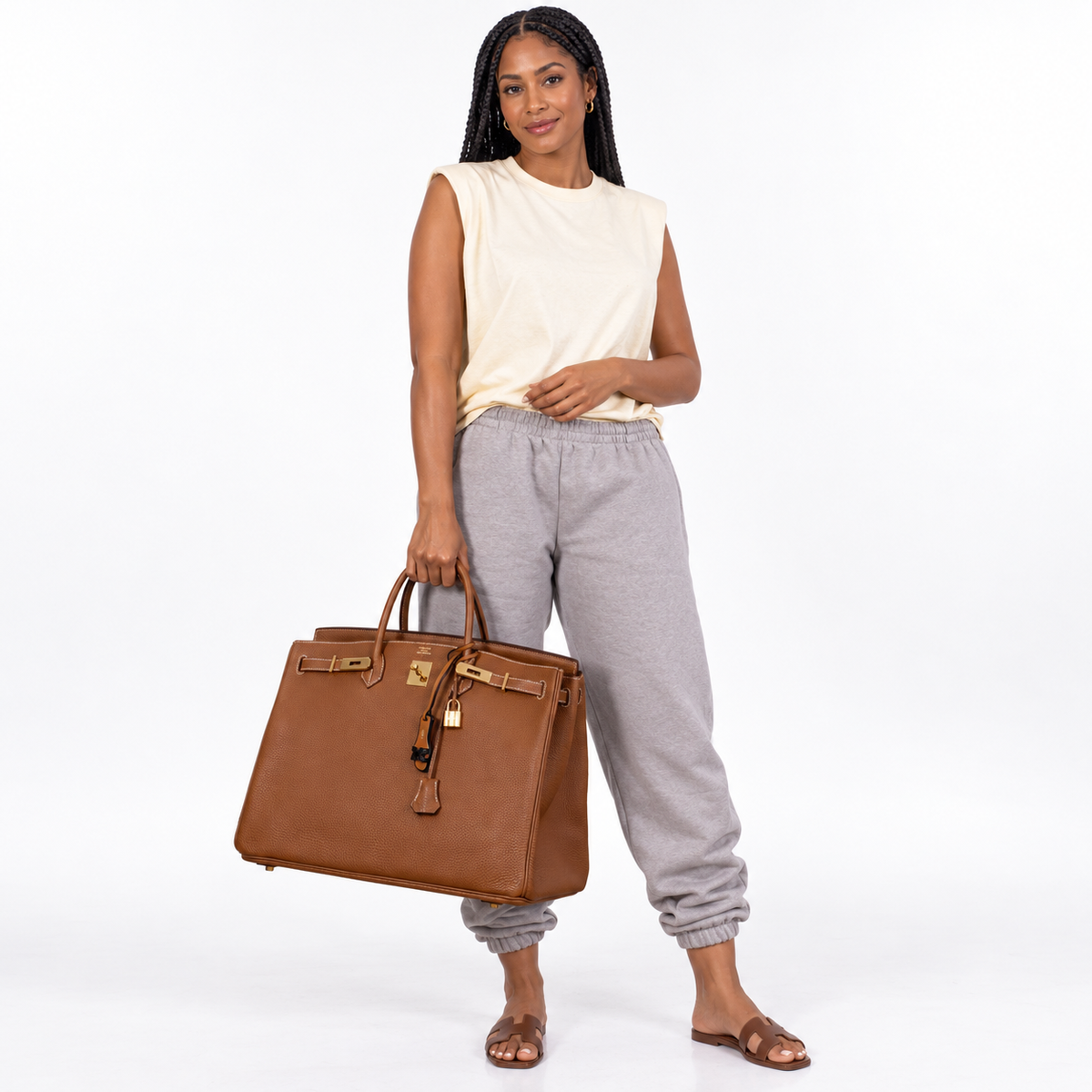 Hermès Birkin 40 Gold Togo with gold hardware carried by an adult model in a white studio