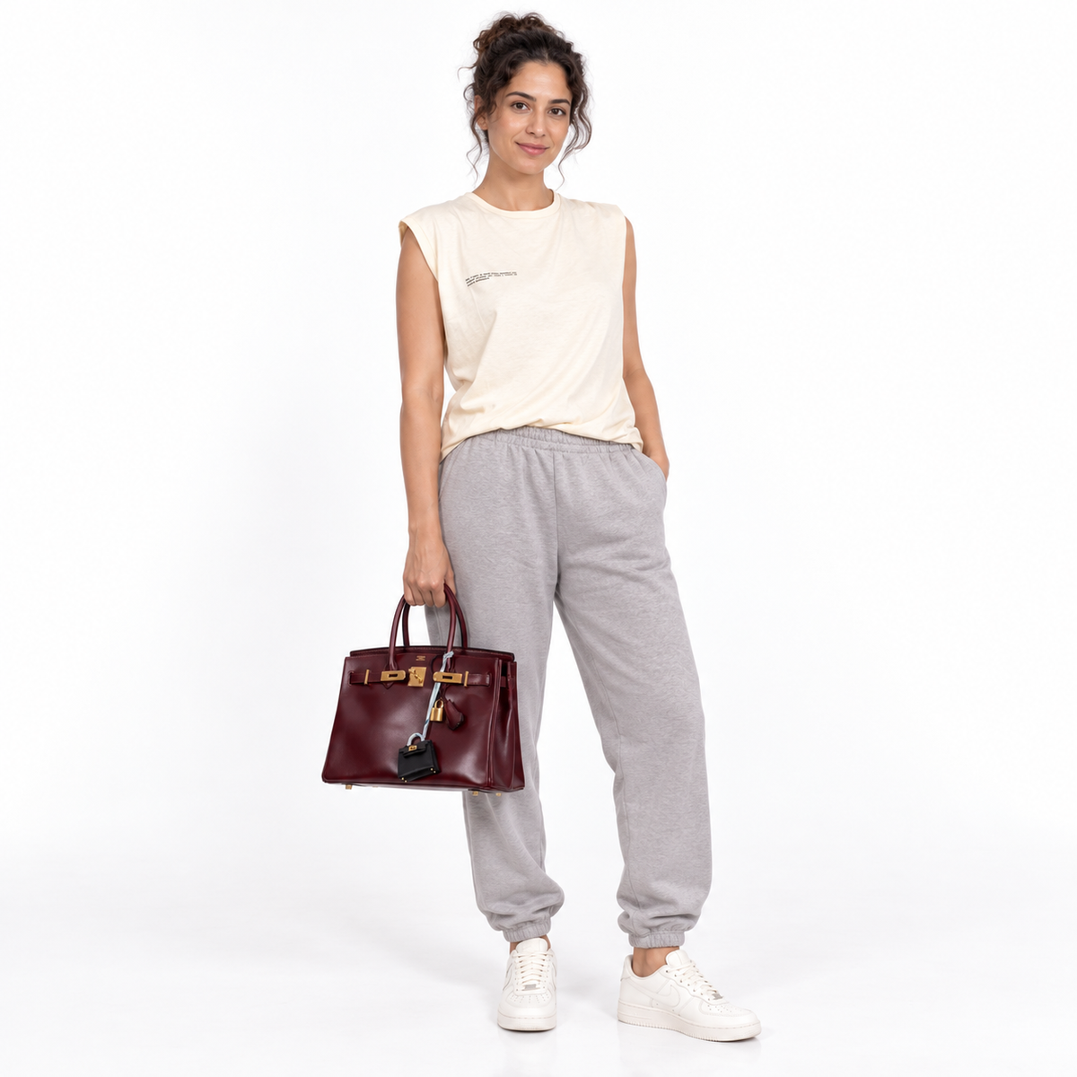 Hermès Birkin 30 Rouge H Box leather with gold hardware carried by a human model in a white studio