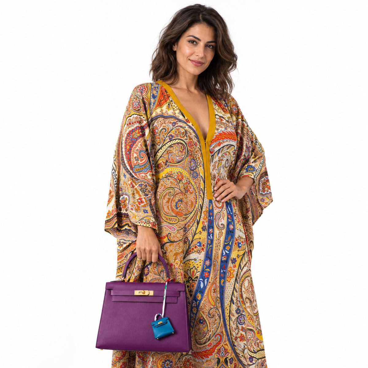 Hermès Micro Kelly Twilly charm in Blue Izmir displayed on a purple Kelly carried by a human model