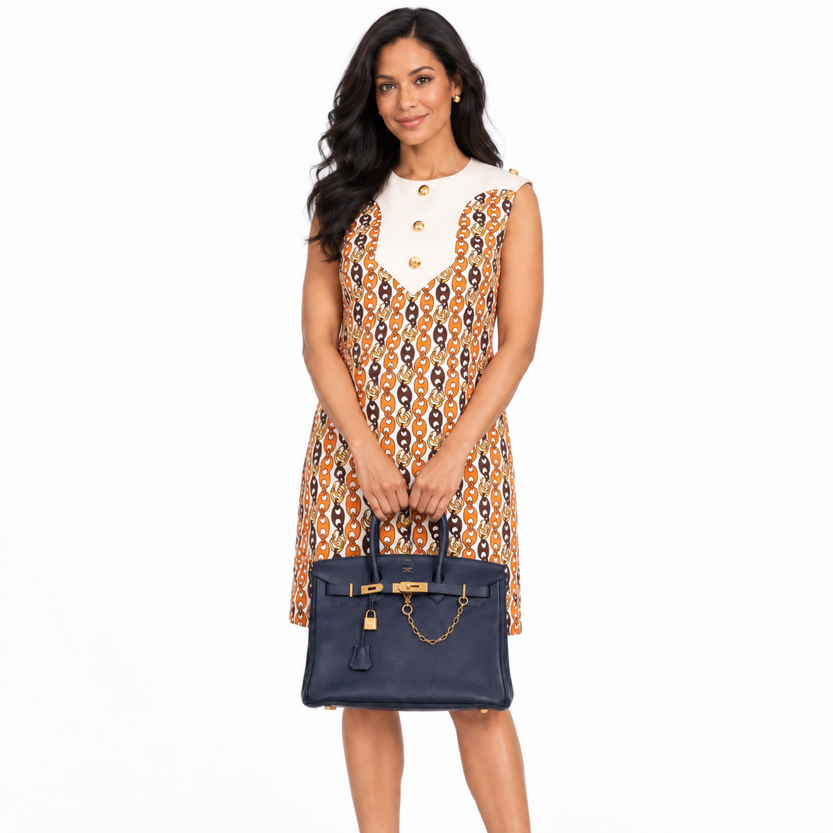 Hermès Birkin 35 Blue Nuit Togo with Gold Hardware worn by a realistic human model in a white studio