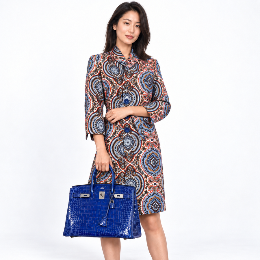 Hermès Birkin 35 Blue Electric Porosus crocodile palladium hardware carried by a model on white