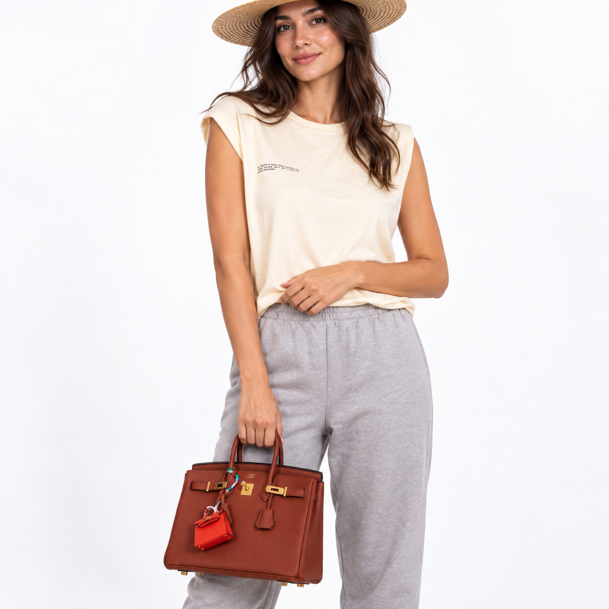 Hermès Birkin 25 Cuivre Togo Leather Gold Hardware shown on a model carrying the bag in a white studio