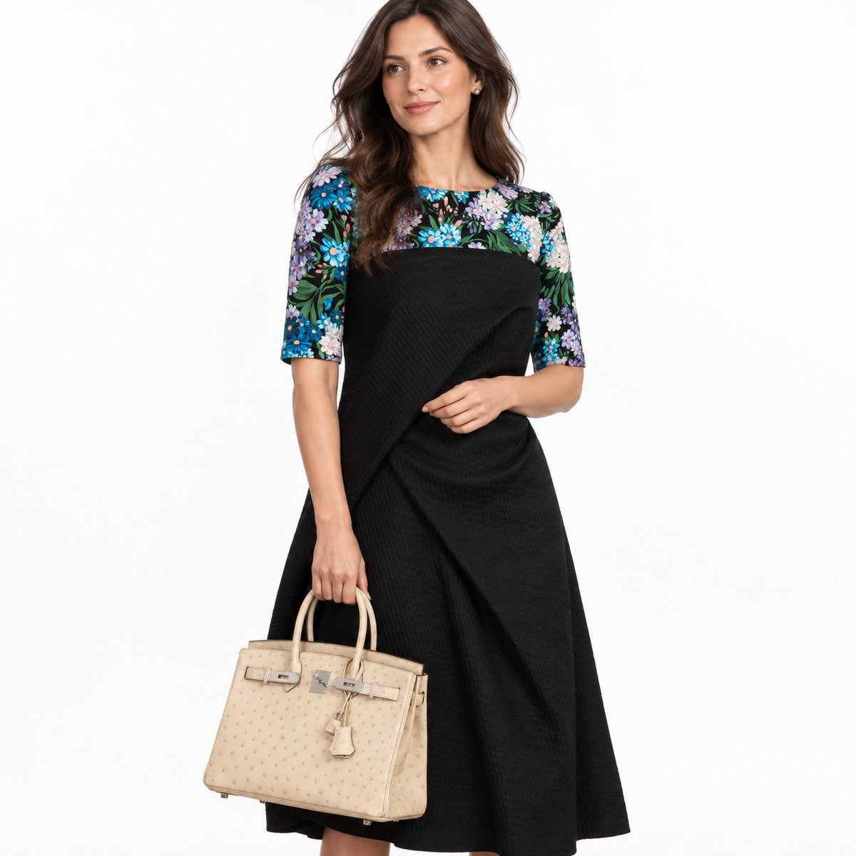 Hermès Birkin 30 Parchemin Ostrich Palladium Hardware - 2020, Y shown on a model carrying the bag in a white studio