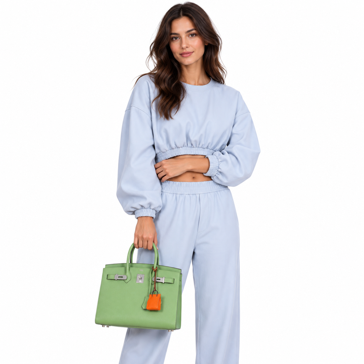 Hermès Birkin 30 Sellier Vert Criquet Madame Grain palladium hardware carried by a realistic model on white
