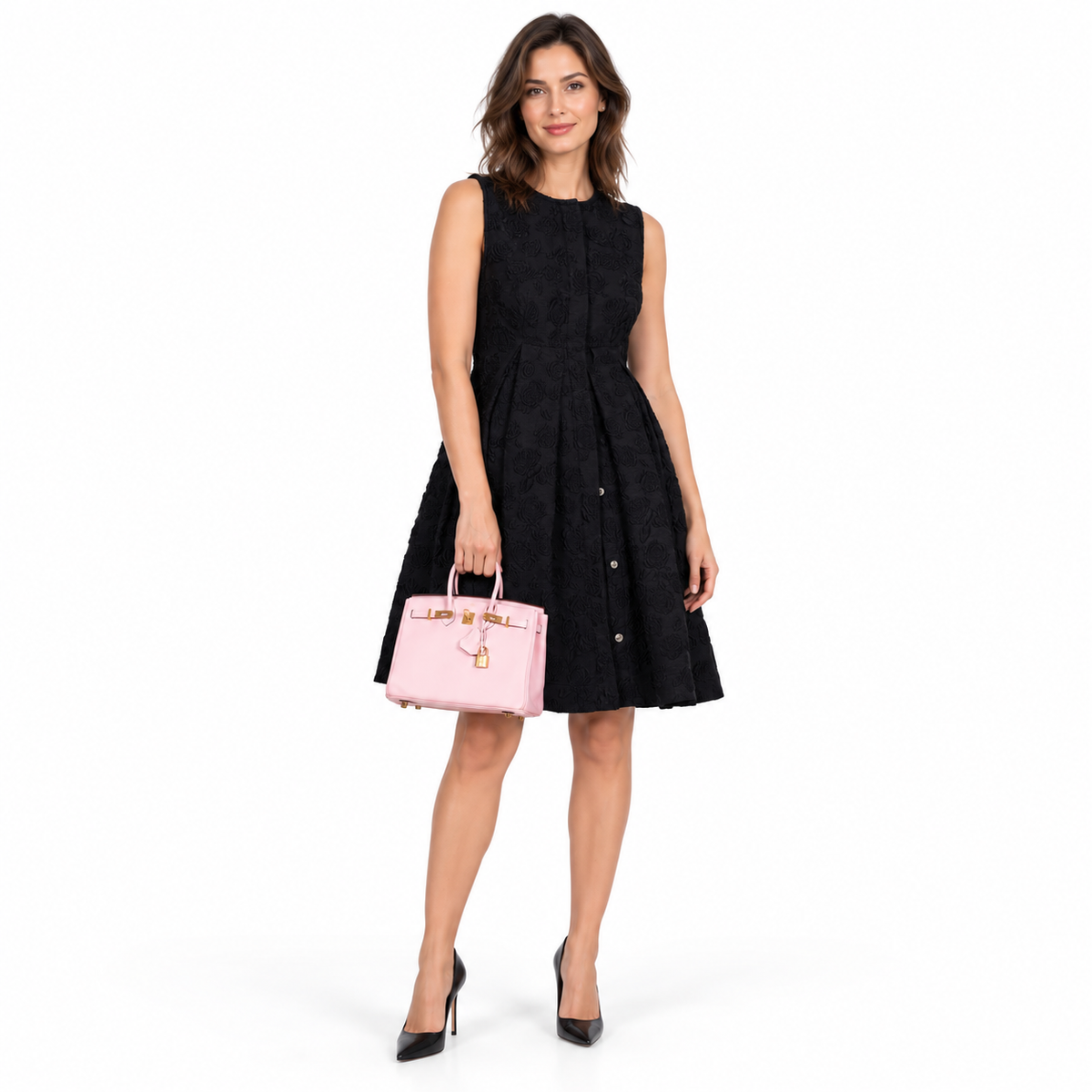 Hermès Birkin 25 Rose Sakura Swift leather Gold Hardware carried by a woman on a white studio background