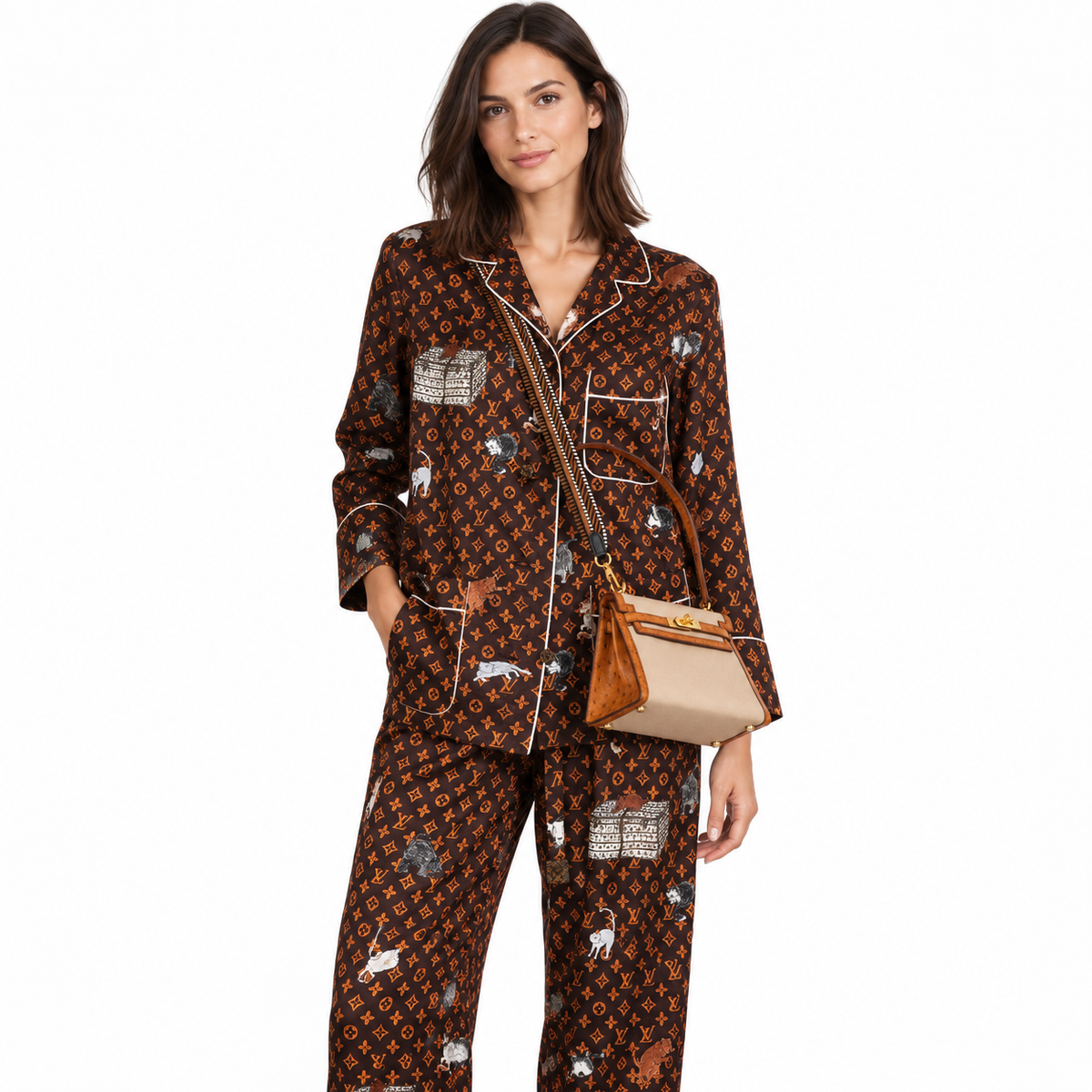 Hermès Kelly 20 Sellier Gold Ostrich & Natural Toile Gold Hardware - Vintage on an adult model in a white studio
