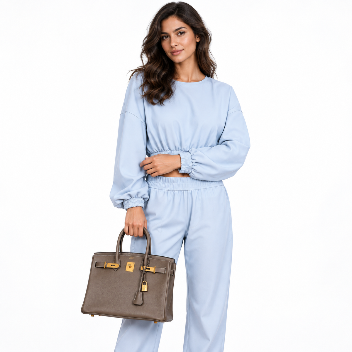 Hermès Birkin 30 Etoupe with gold hardware carried by a model on white