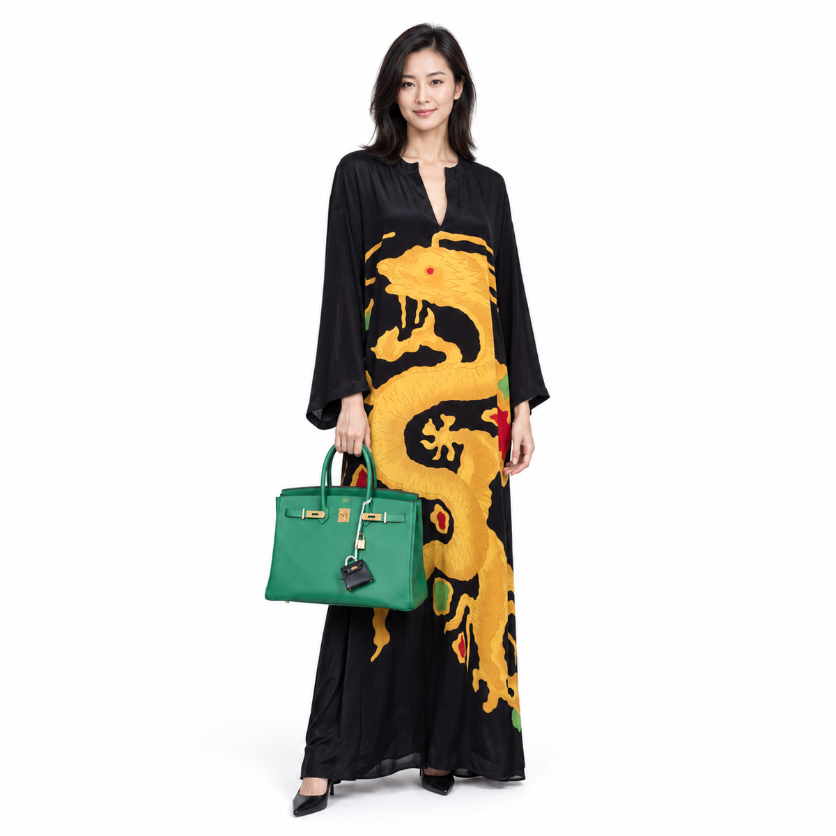 Hermès Birkin 35 Cactus Epsom Gold Hardware worn by an adult human model on a white studio background