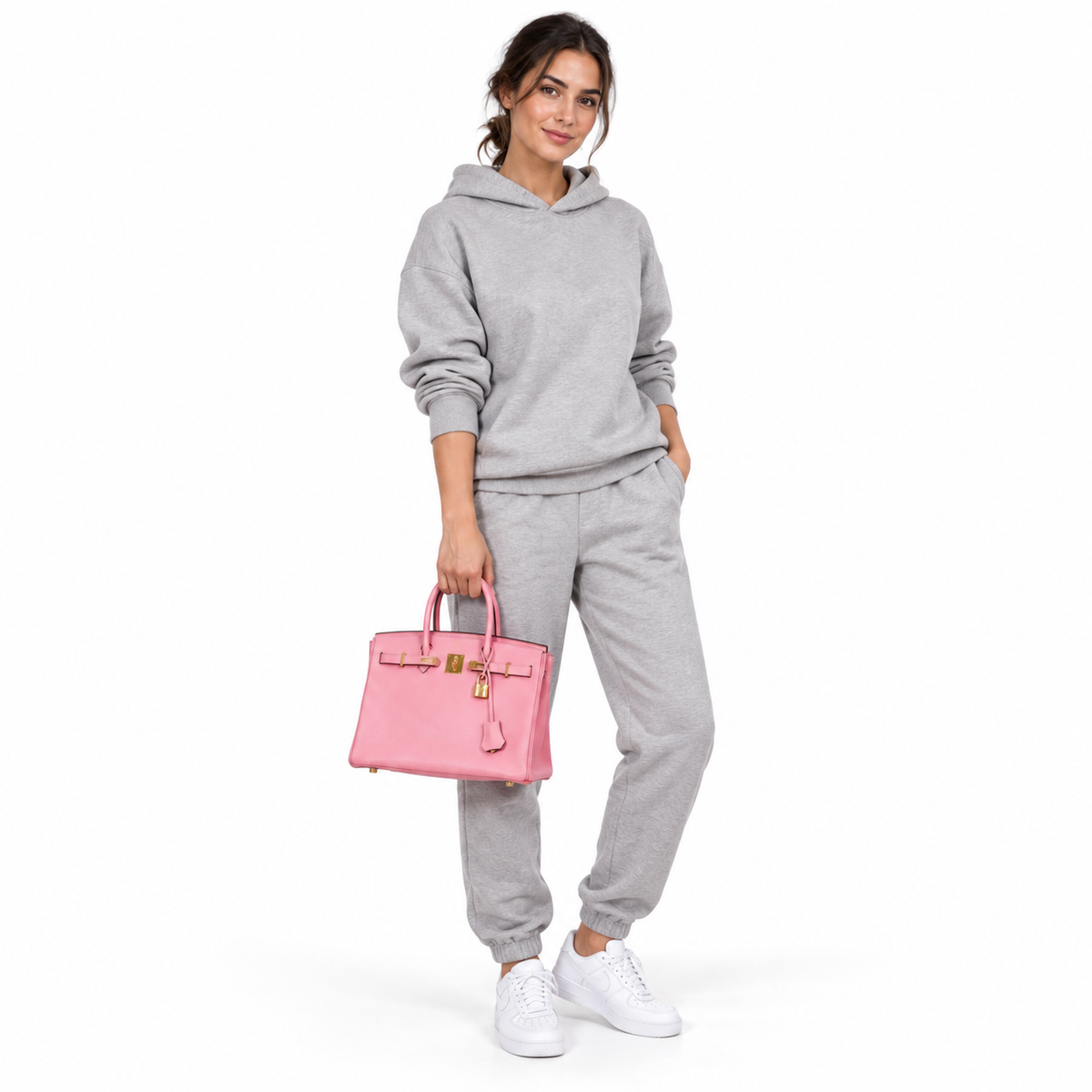Hermès Birkin 30 HSS Rose Confetti Chevre gold hardware hand carried by a model in a white studio