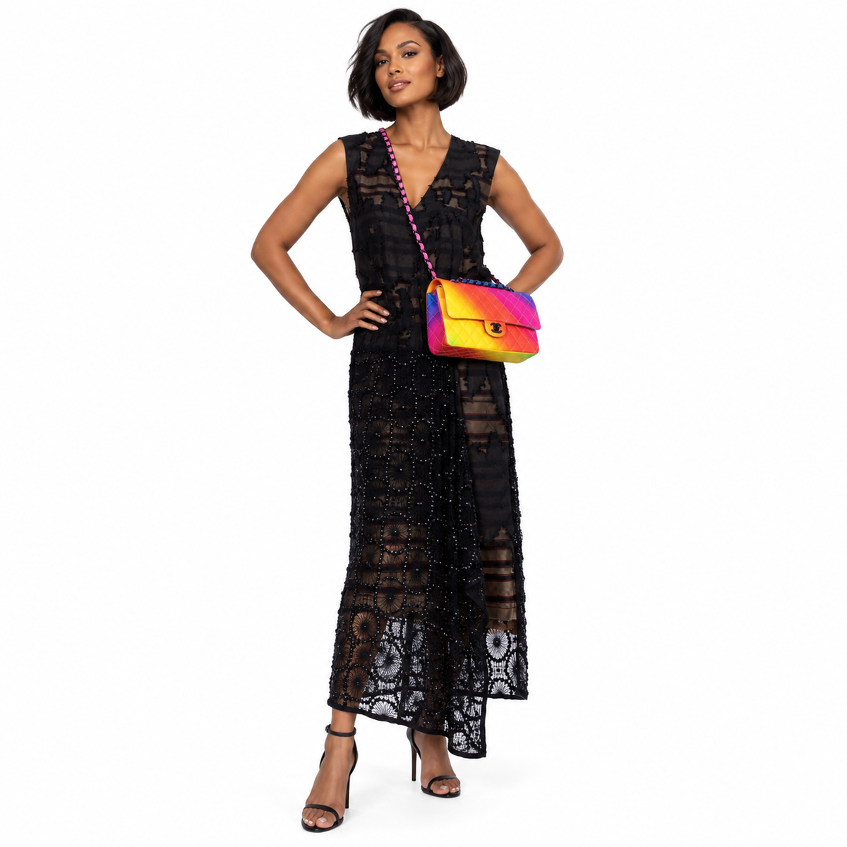 Chanel Medium Classic Flap Bag Rainbow 23C (Cruise Collection) worn by an adult human model on a white studio background