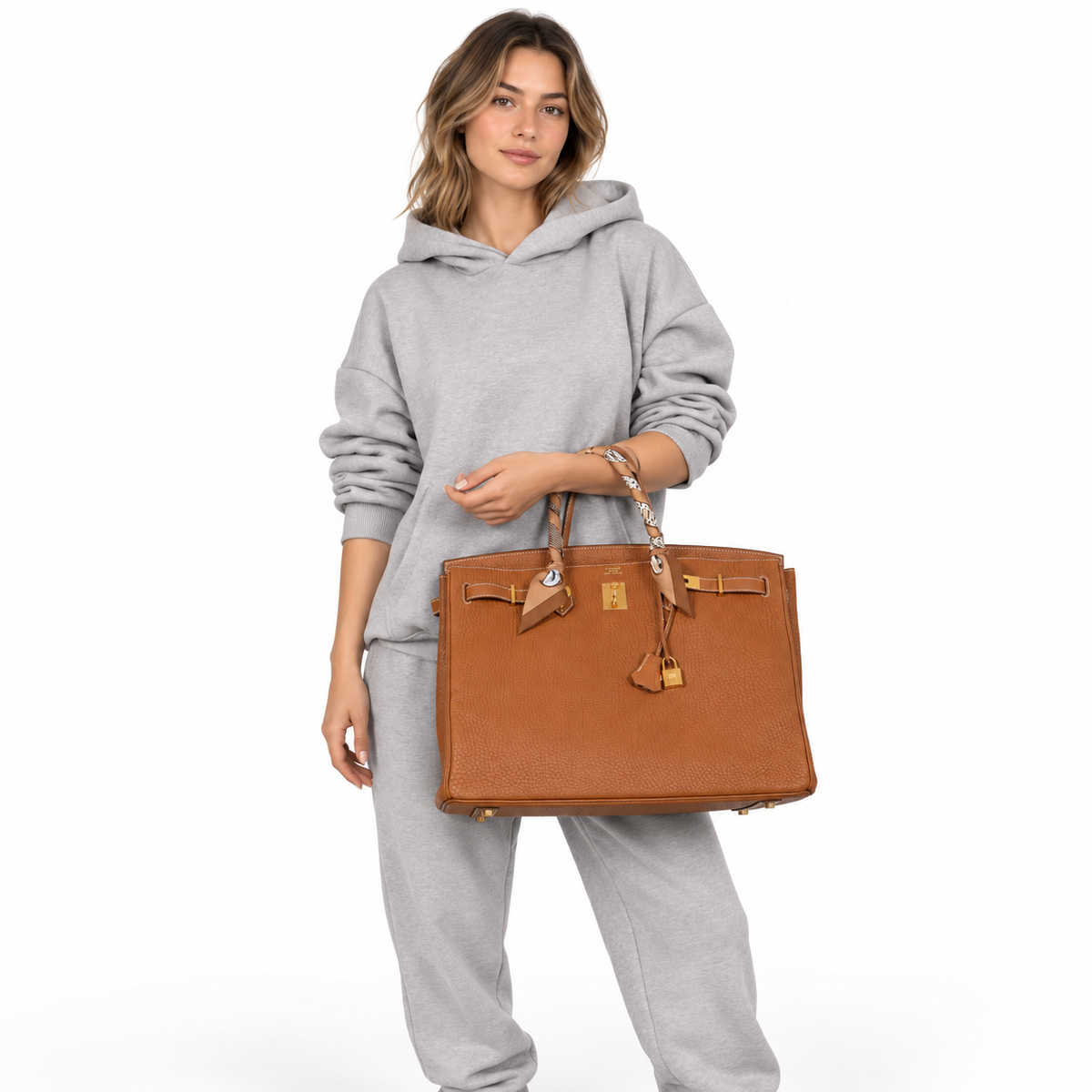 Hermès Birkin 40 Gold Fjord gold hardware with scarf-wrapped handles carried by a model on white