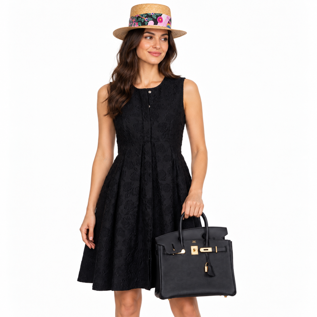 Hermès 3 En 1 Birkin 30 Black Togo, Swift and Toile with Gold Hardware shown on an adult model in a white studio