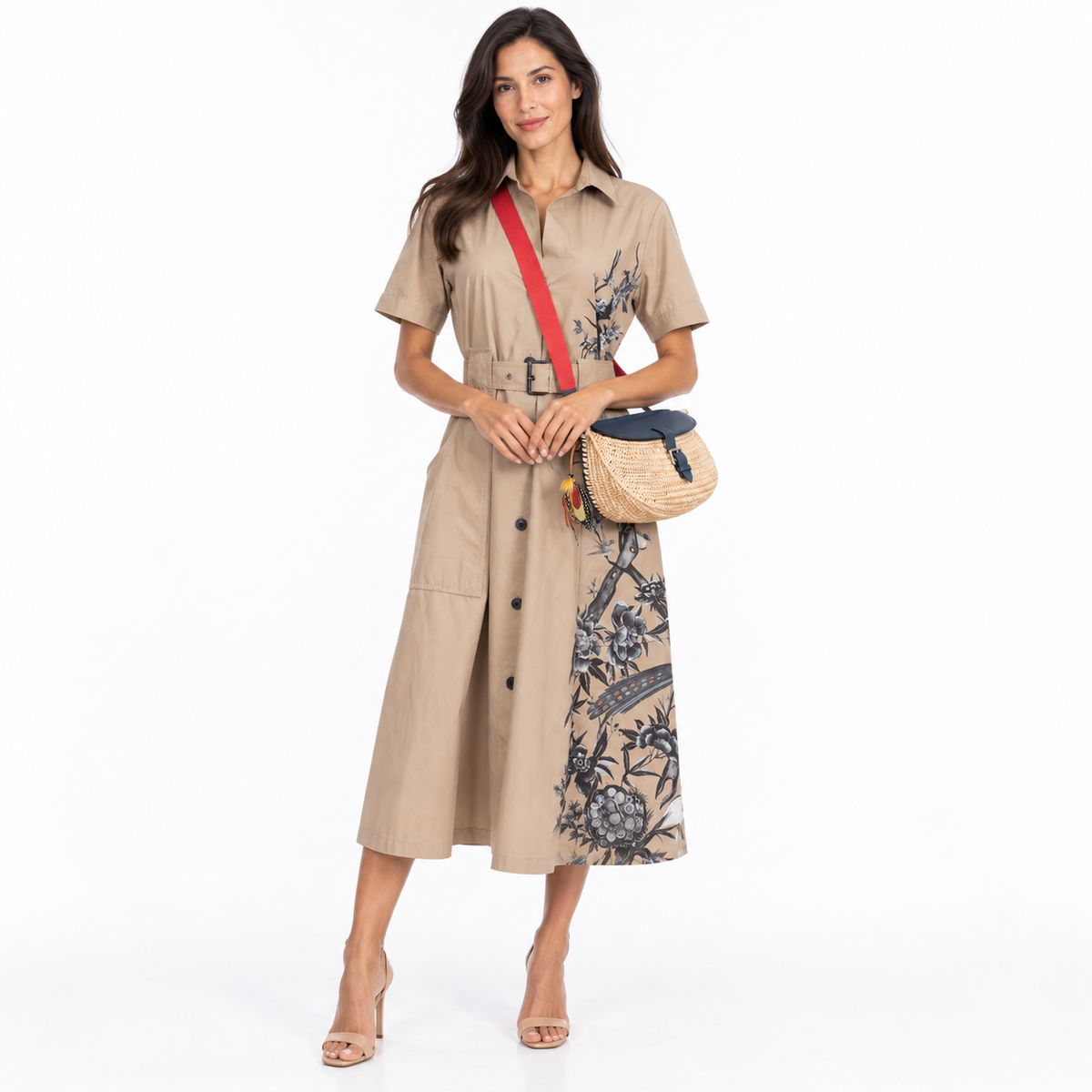 Hermès Picnic Fishing Bag Osier Wicker and Blue Swift, Red Strap Palladium Hardware worn by an adult human model on a white studio background