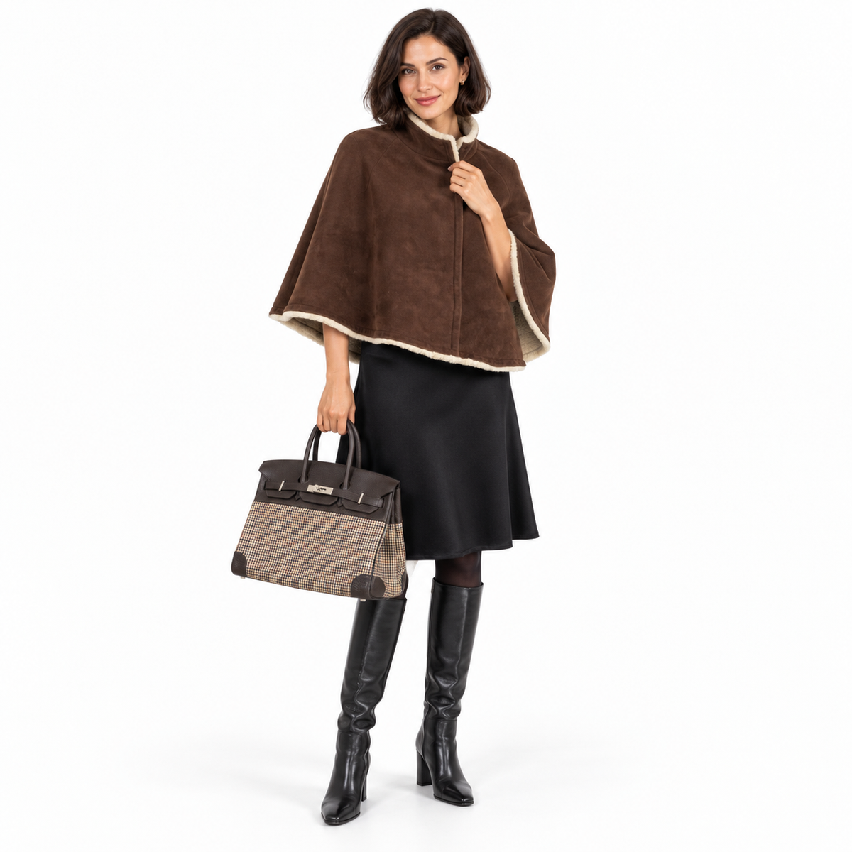 Hermès Birkin 35 plaid wool Lainage and dark brown Togo palladium hardware carried by a model in a white studio