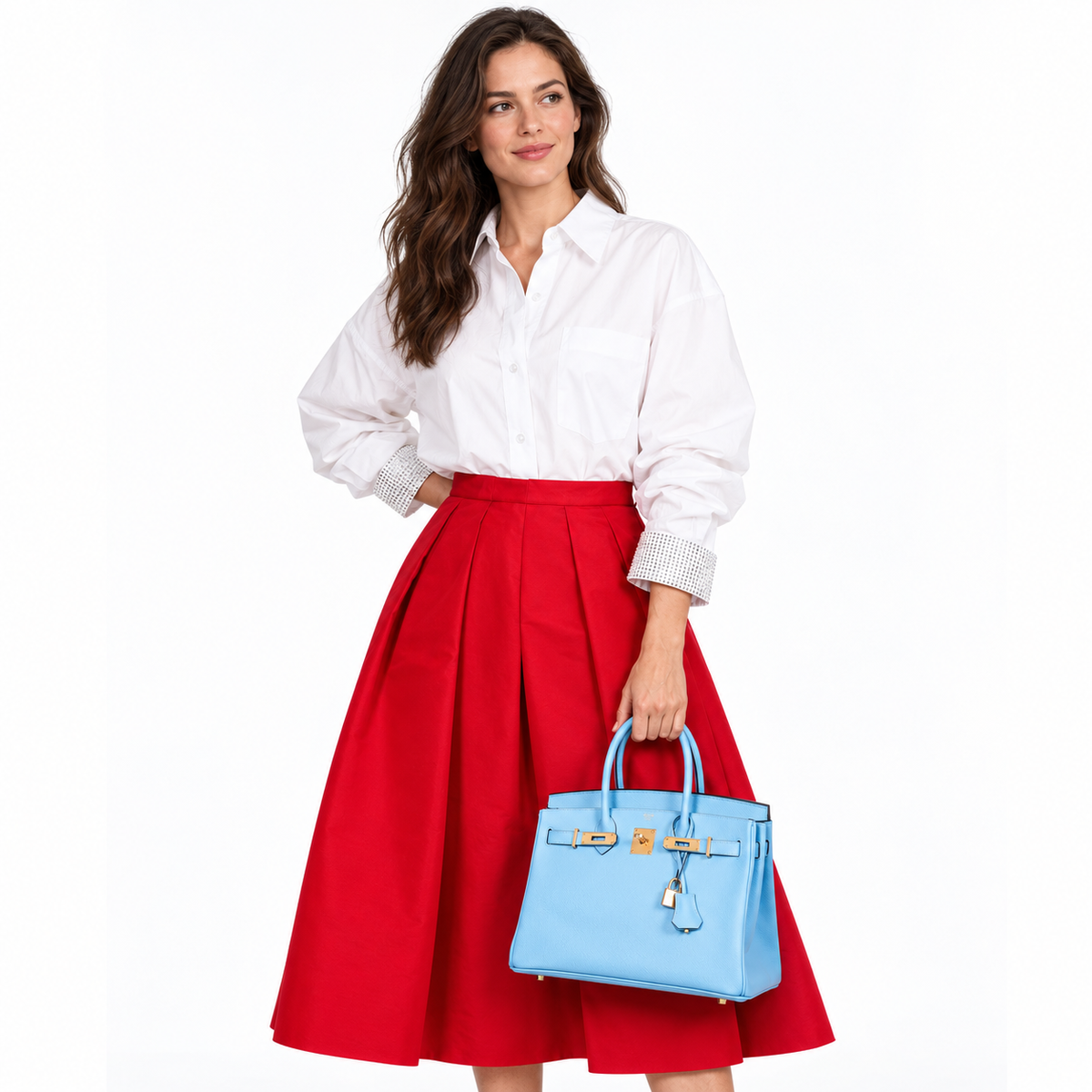Hermès Birkin 30 Blue Celeste Epsom Gold Hardware shown on an adult model in a white studio