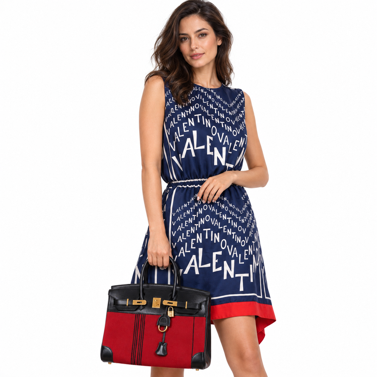 Hermès Birkin 35 Red Potamos Canvas & Black Box with Gold Hardware shown on an adult model in a white studio