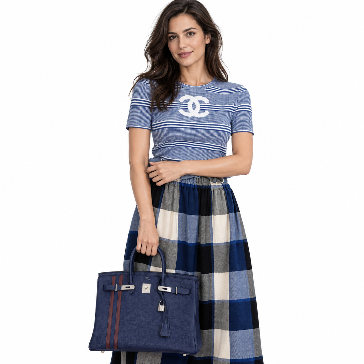 Hermès Birkin 35 Officier Blue Encre Verso Bordeaux Togo Palladium Hardware shown on an adult model in a white studio
