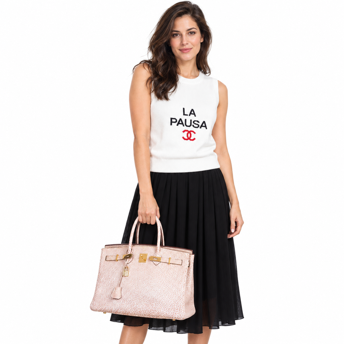 Hermès Birkin 35 Dalmatian Pink & White Buffalo Gold Hardware shown on an adult model in a white studio
