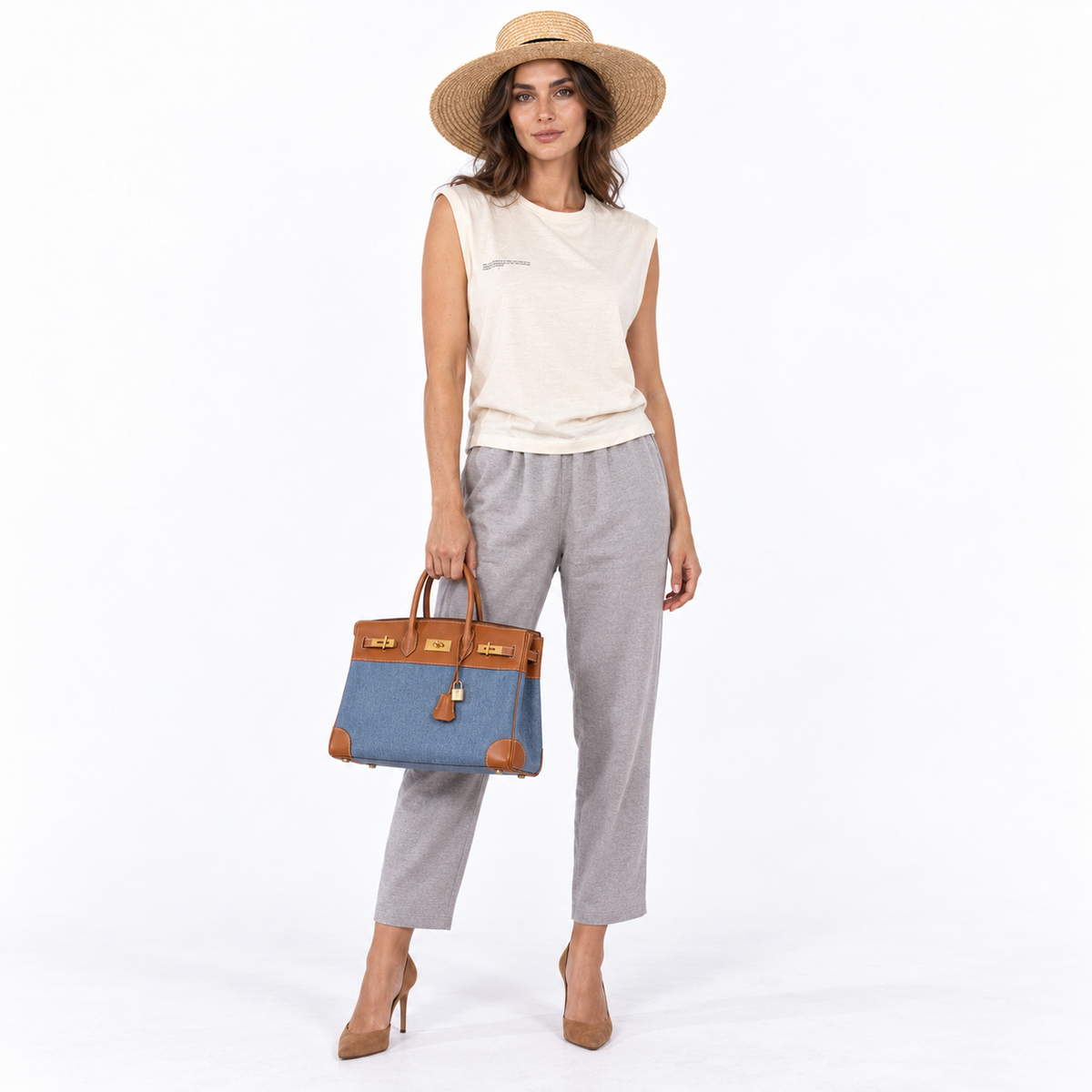 Hermès Birkin 35 Denim and Barenia Gold Hardware — styled on a human model