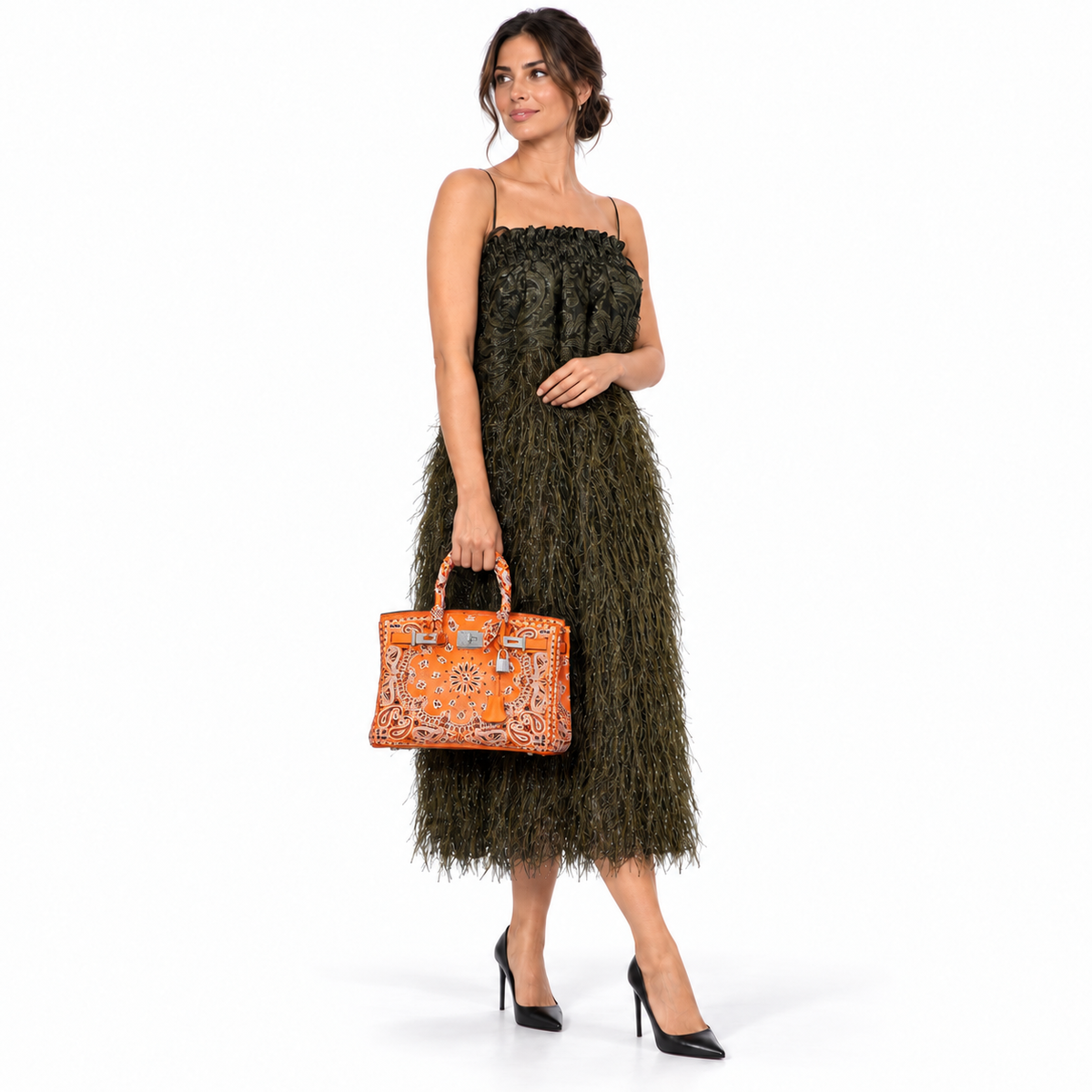 Jay Ahr Vintage 2013 Hermès Birkin 30 Orange Epsom Bandana Embroidery "Rio de Janeiro" shown on a human model in a white studio
