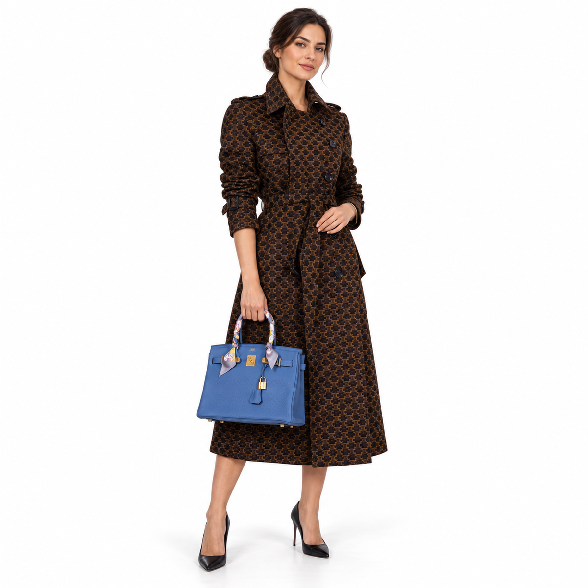 Hermès Birkin 30 Blue Brighton Clemence with Gold Hardware - 2018, C shown on a human model in a white studio