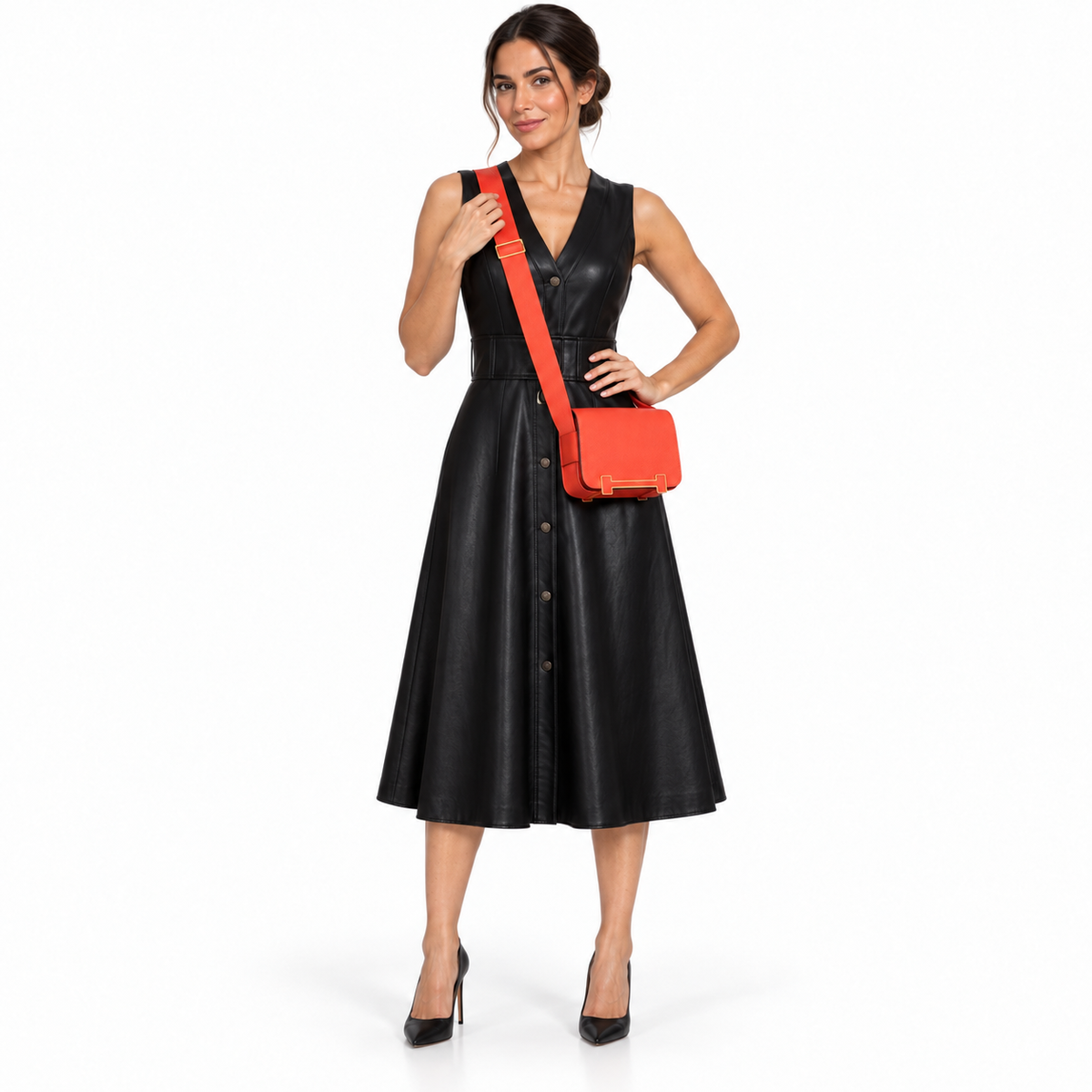 Hermès Geta Bag Capucine Mysore Goatskin with Gold Hardware shown on human models in a white studio