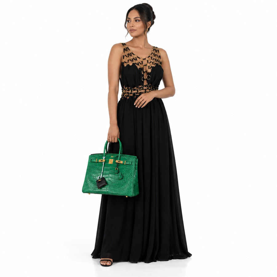 Hermès Birkin 35 Cactus Matte Alligator Gold Hardware — styled on a human model