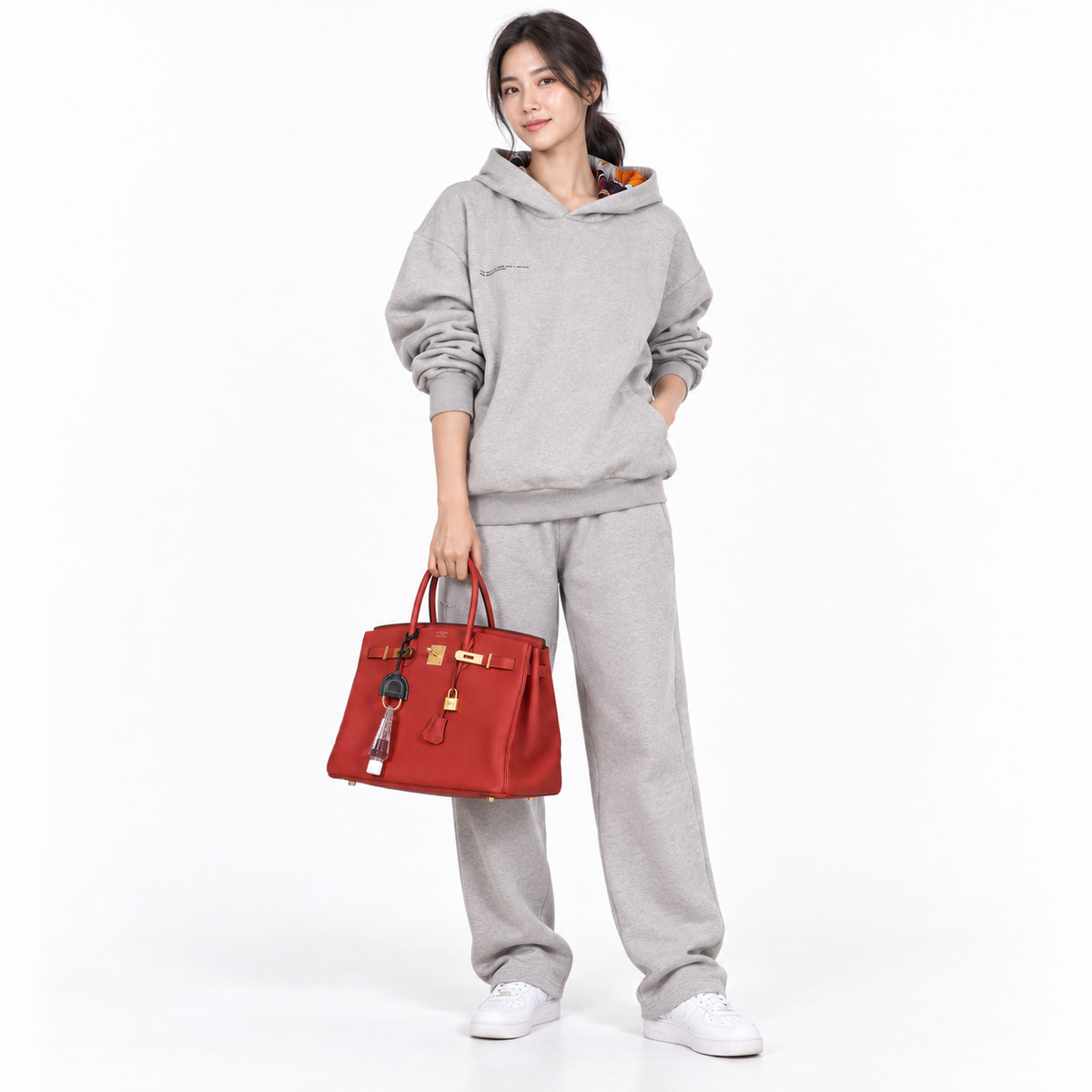 Hermès Birkin 35 HSS Rouge Vif Togo Brushed Gold Hardware — styled on a human model