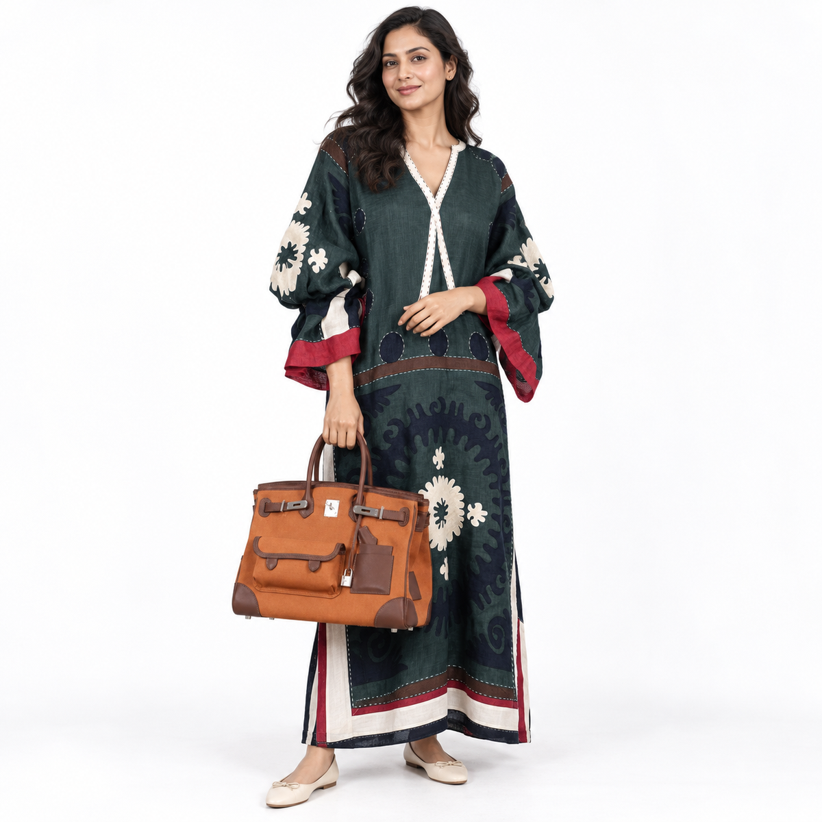 Hermès Birkin Cargo 35 Marron d’Inde Swift & Gold Canvas Palladium Hardware — styled on a human model