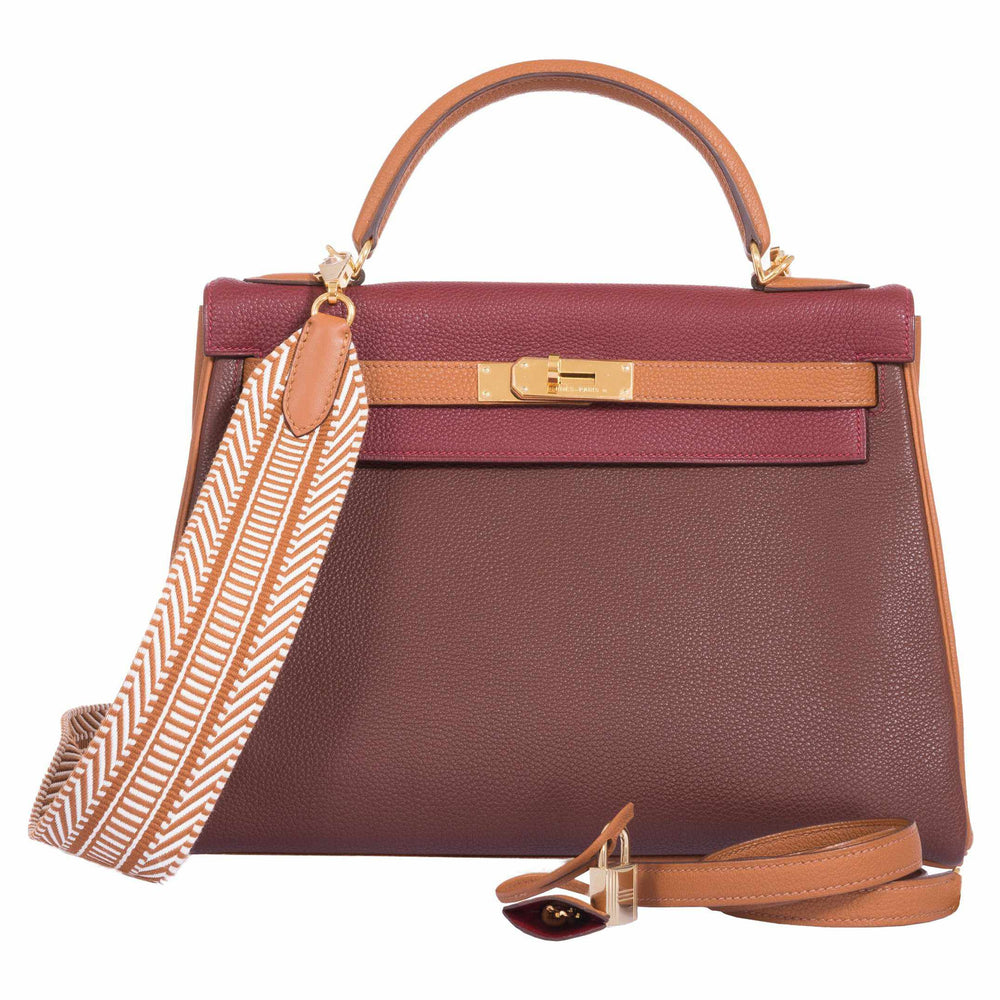 Hermès Kelly 32 Retourne Tri-Color Rouge H Havanne And Gold Togo Gold Hardware
