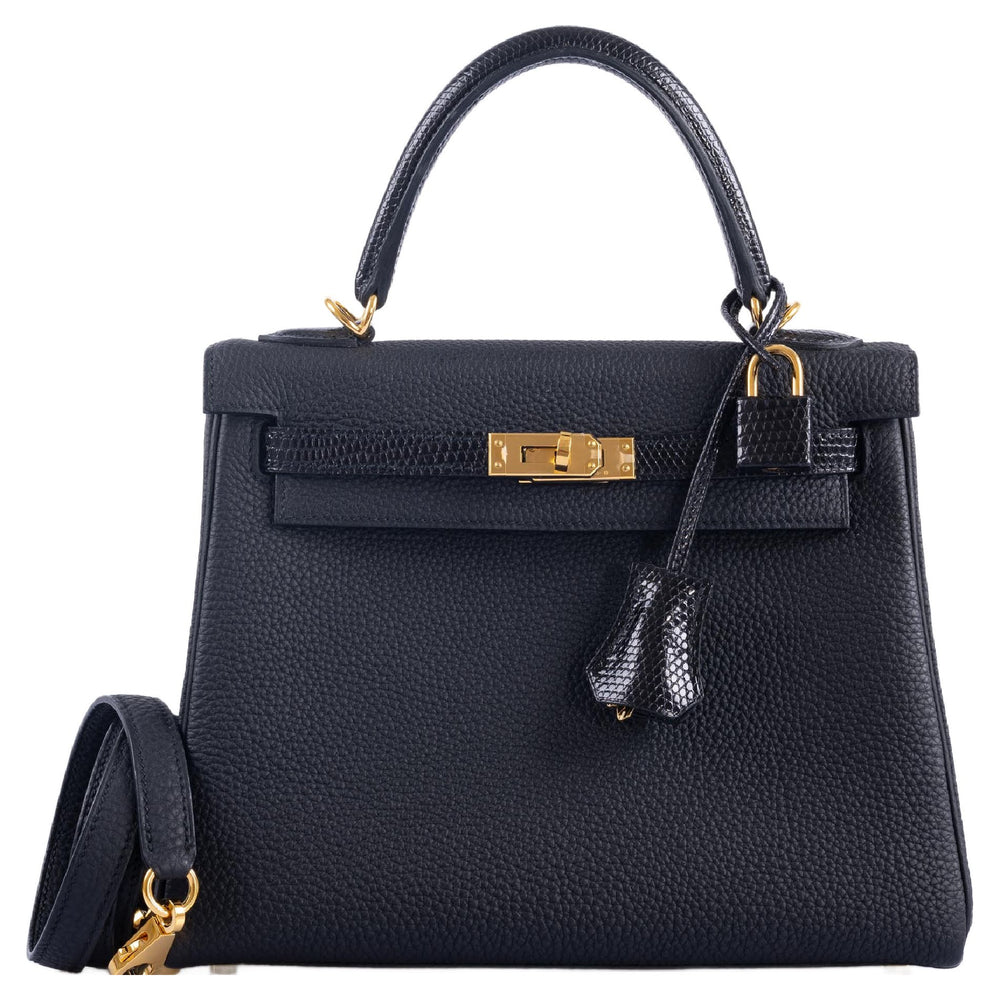 Hermès Kelly 25 Retourne Touch Black Lizard & Togo Gold Hardware