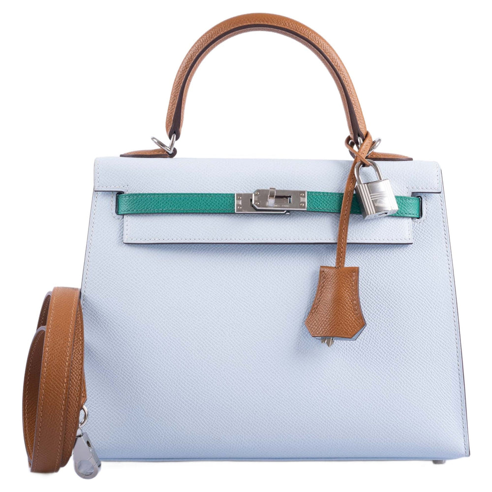 Hermès Kelly Sellier 25 Tri-Color Bleu Brume, Vert Jade and Gold Epsom Palladium Hardware