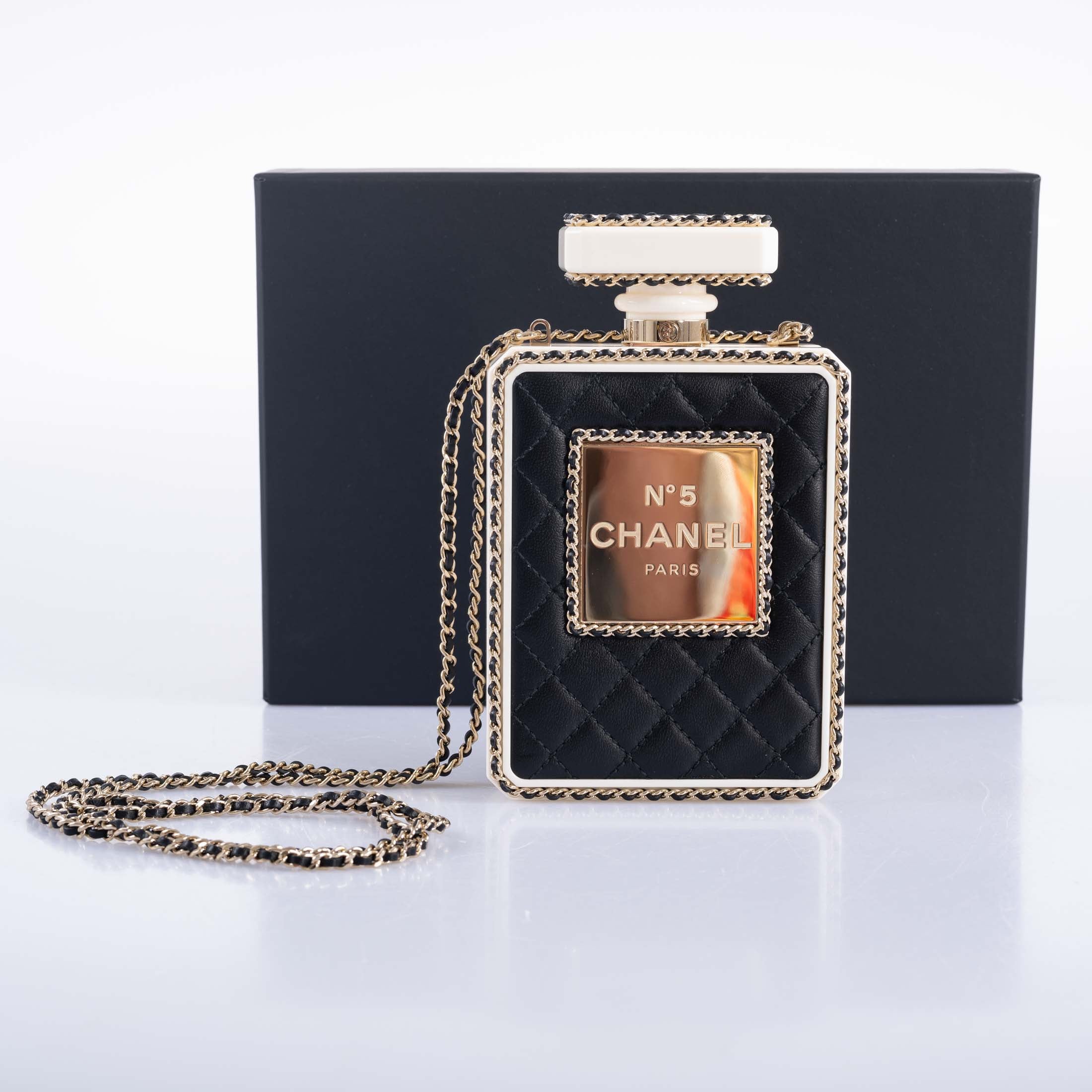 CHANEL Black Quilted Leather and White Perspex Perfume Bottle Minaudiere Gold Hardware