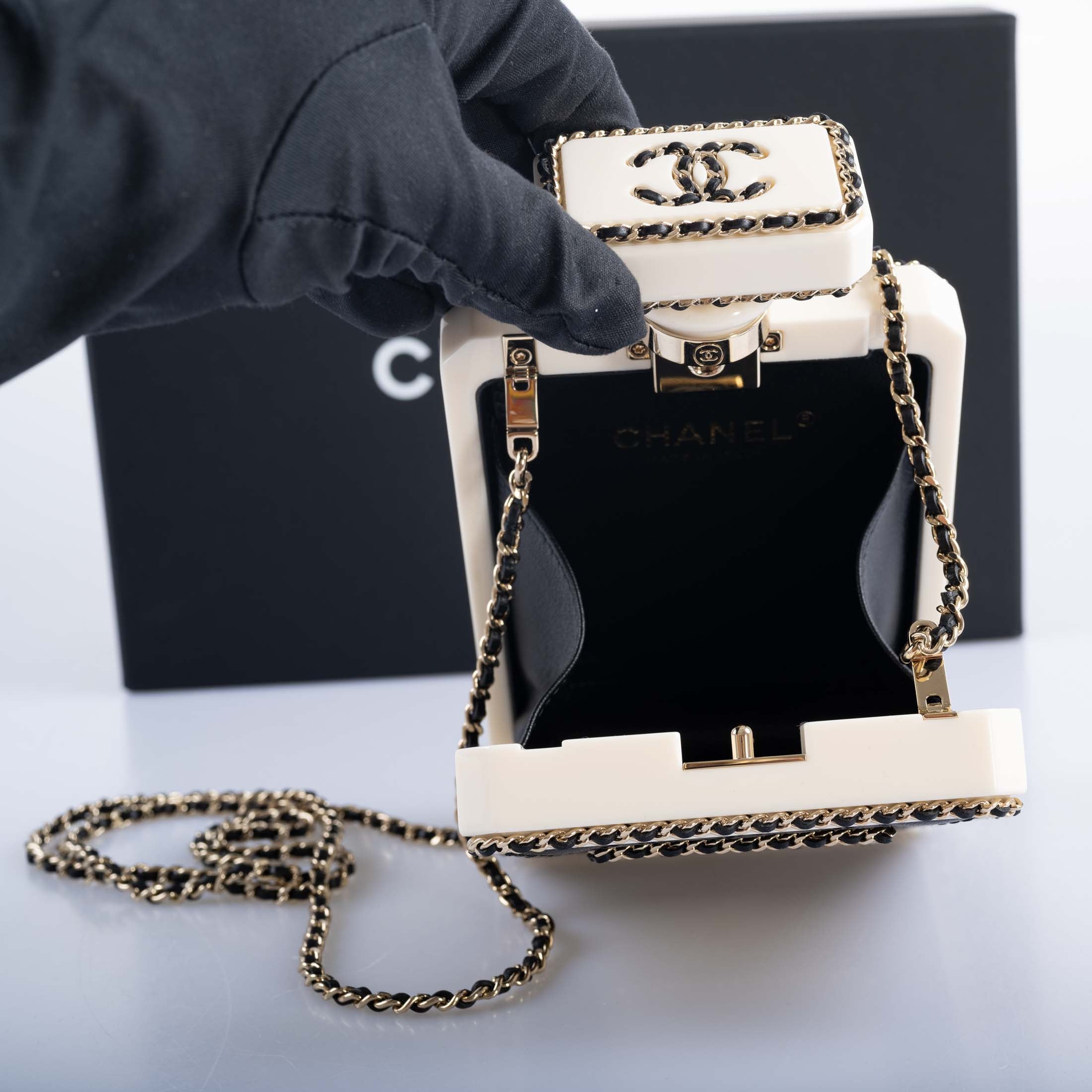 CHANEL Black Quilted Leather and White Perspex Perfume Bottle Minaudiere Gold Hardware