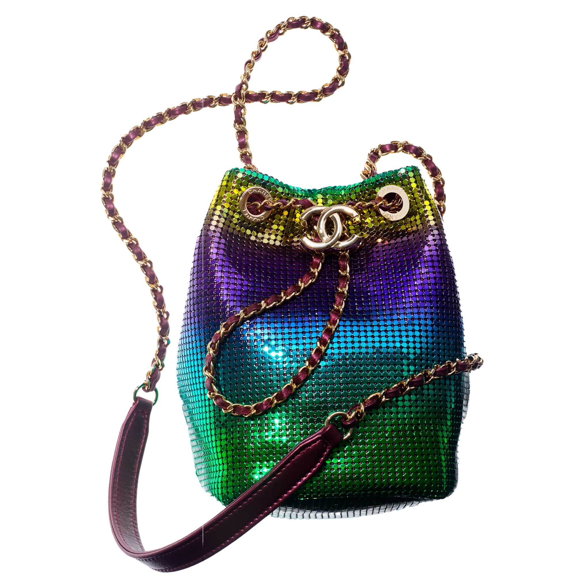 CHANEL MINI BUCKET BAG Faded Metallic Mesh & Gold-Tone Metal Multicolor