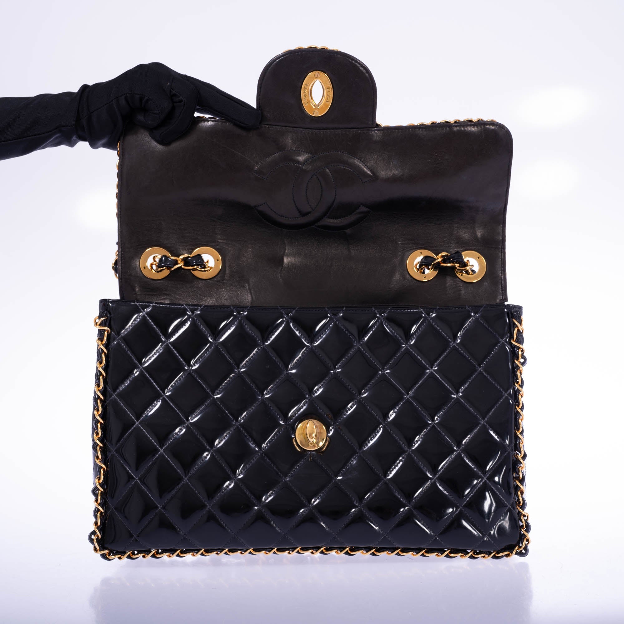 CHANEL Vintage Black Quilted Patent Leather Maxi Classic Chain Around Single Flap Gold Hardware