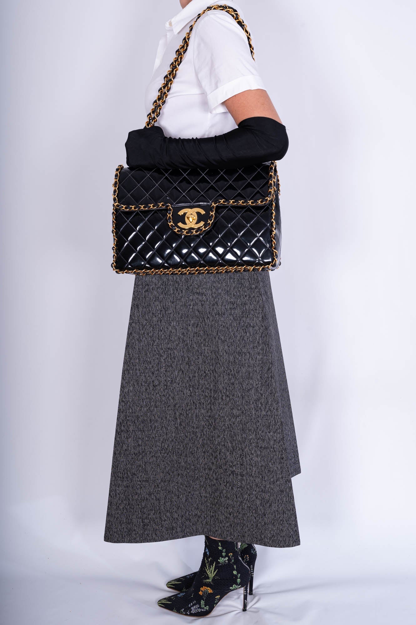 CHANEL Vintage Black Quilted Patent Leather Maxi Classic Chain Around Single Flap Gold Hardware