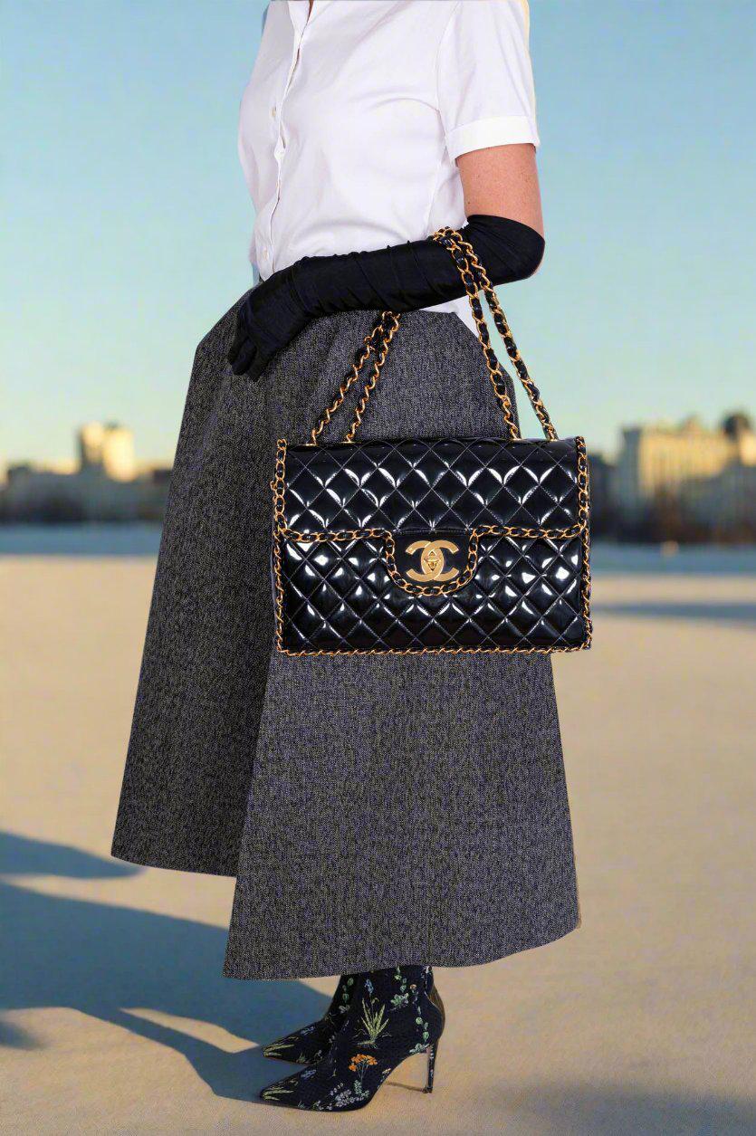 CHANEL Vintage Black Quilted Patent Leather Maxi Classic Chain Around Single Flap Gold Hardware