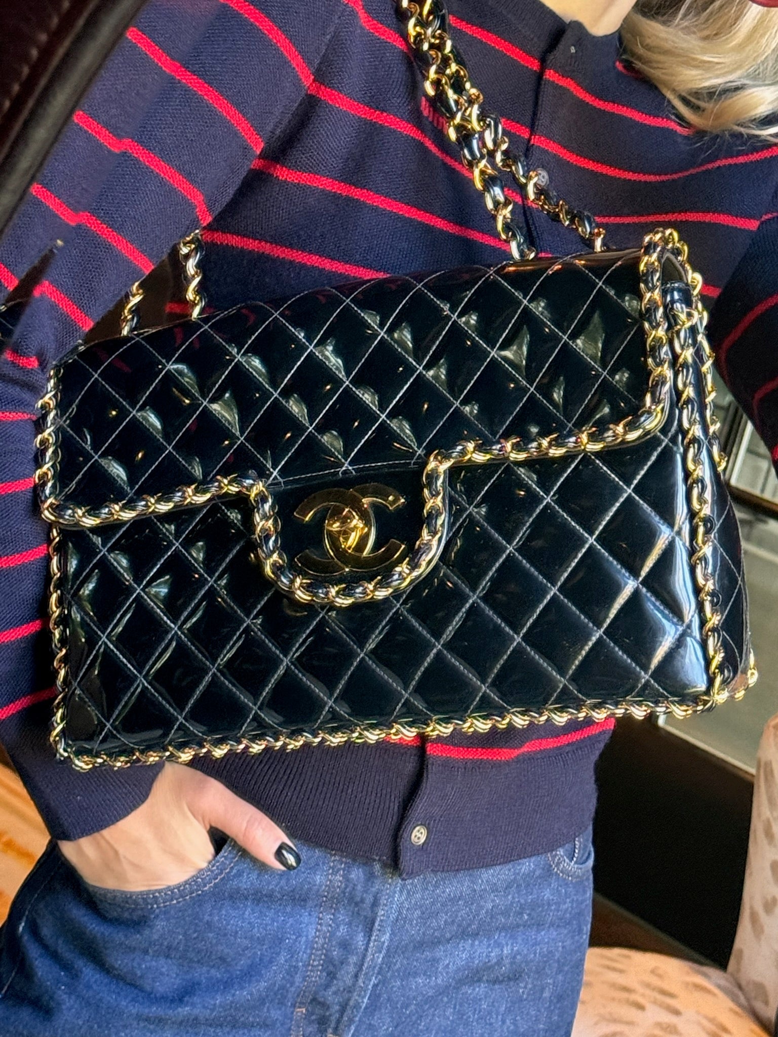 CHANEL Vintage Black Quilted Patent Leather Maxi Classic Chain Around Single Flap Gold Hardware