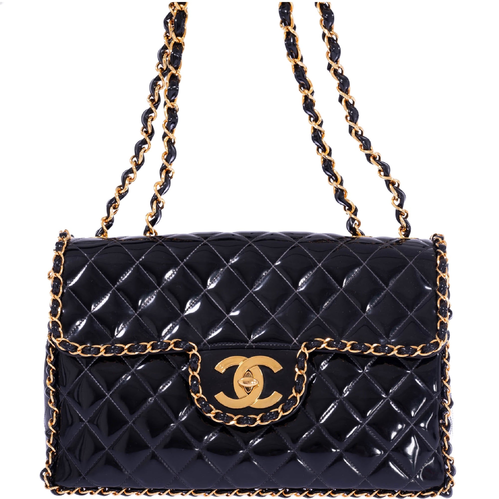 CHANEL Vintage Black Quilted Patent Leather Maxi Classic Chain Around Single Flap Gold Hardware