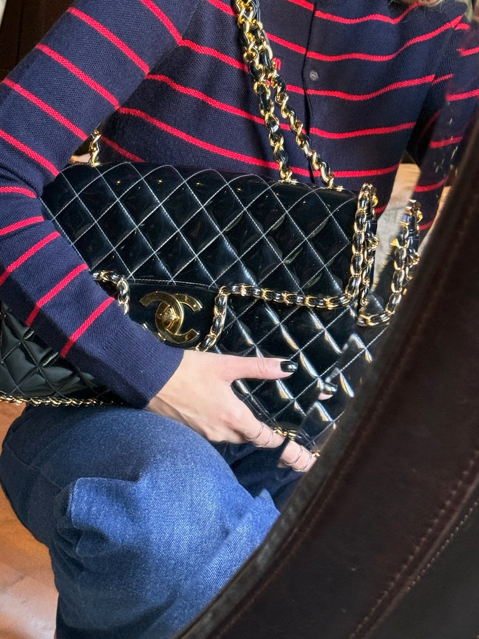 CHANEL Vintage Black Quilted Patent Leather Maxi Classic Chain Around Single Flap Gold Hardware