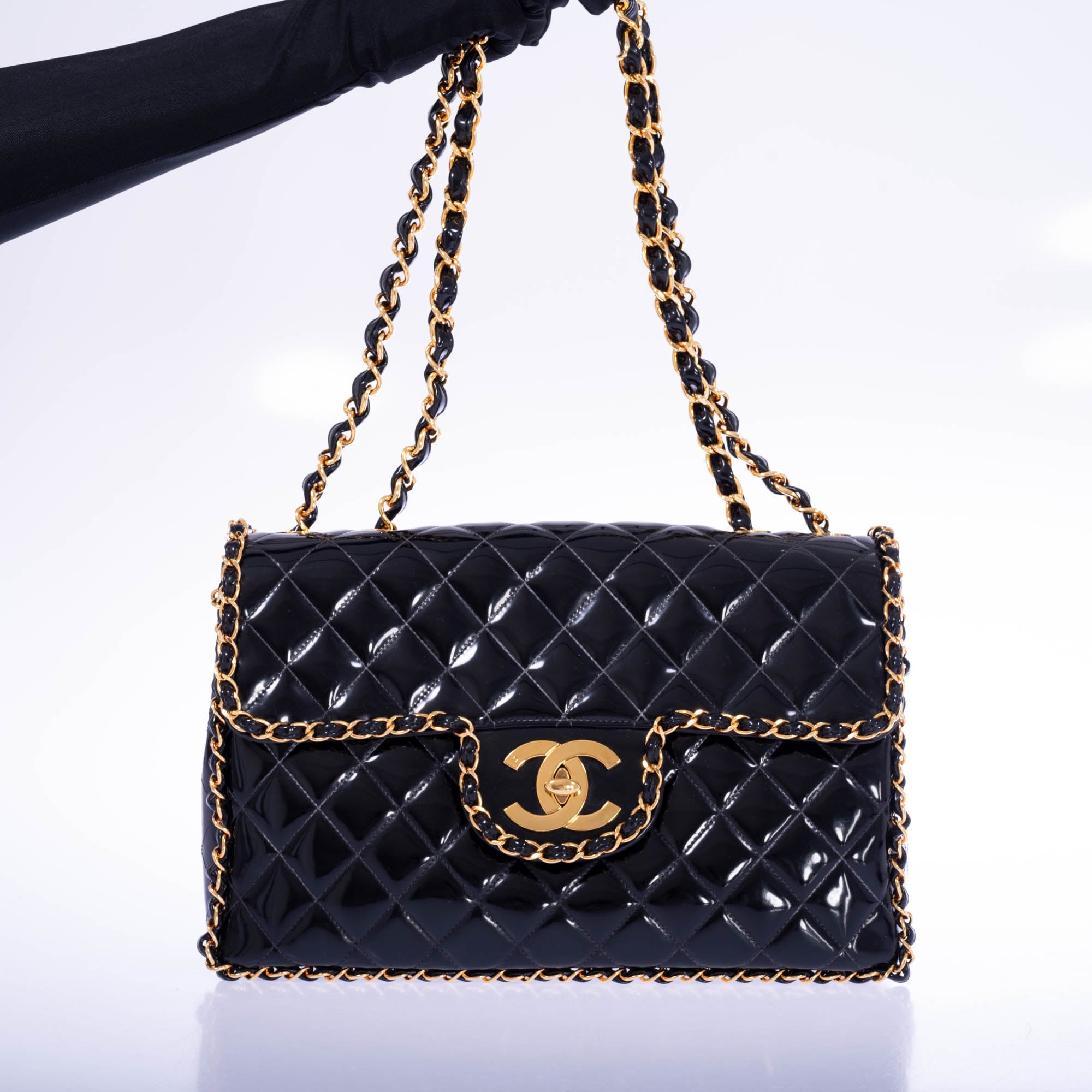 CHANEL Vintage Black Quilted Patent Leather Maxi Classic Chain Around Single Flap Gold Hardware