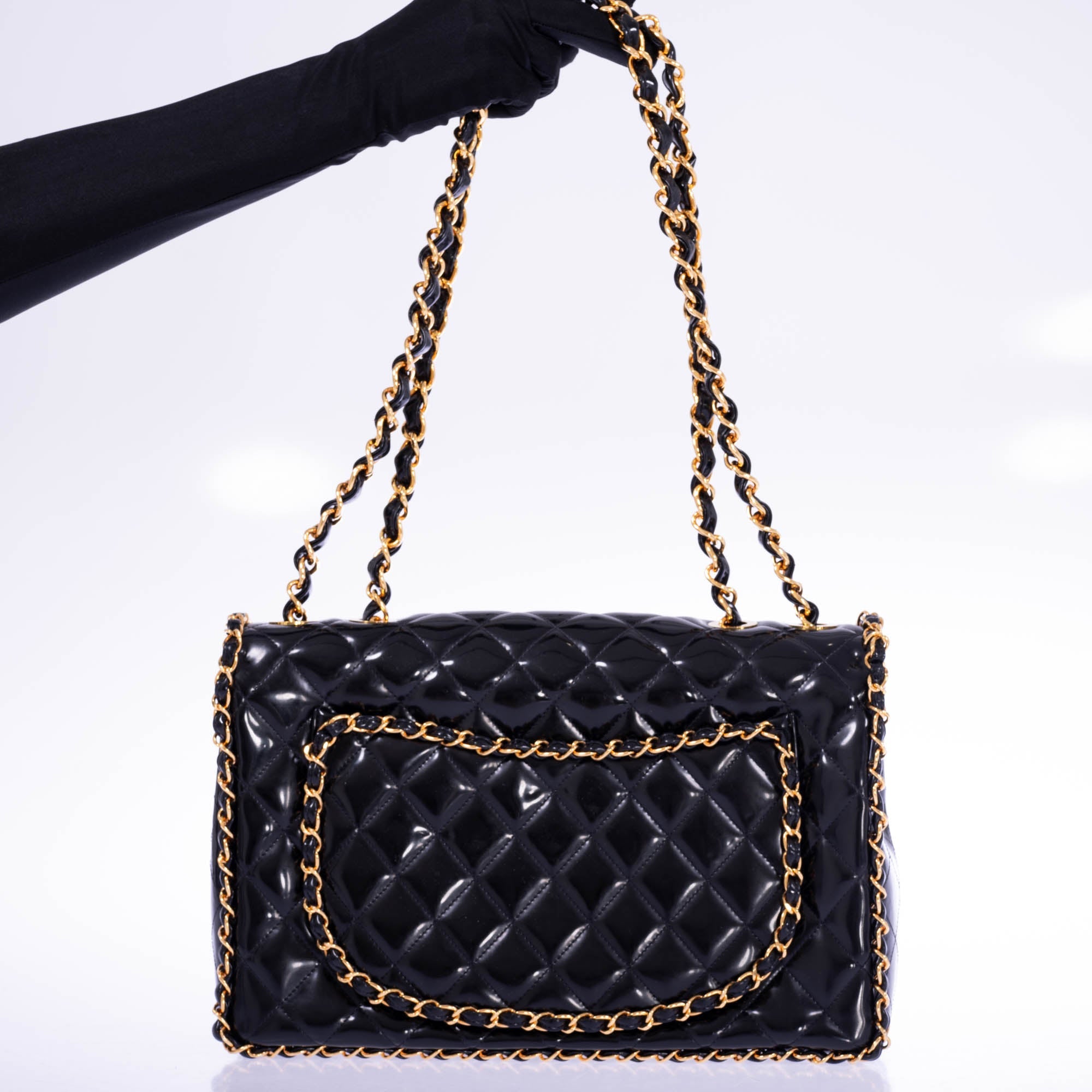 CHANEL Vintage Black Quilted Patent Leather Maxi Classic Chain Around Single Flap Gold Hardware