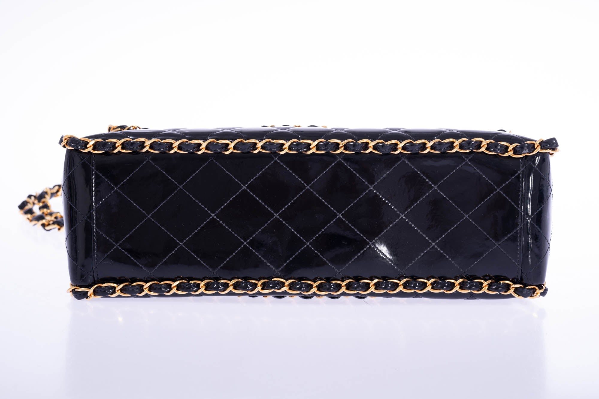 CHANEL Vintage Black Quilted Patent Leather Maxi Classic Chain Around Single Flap Gold Hardware