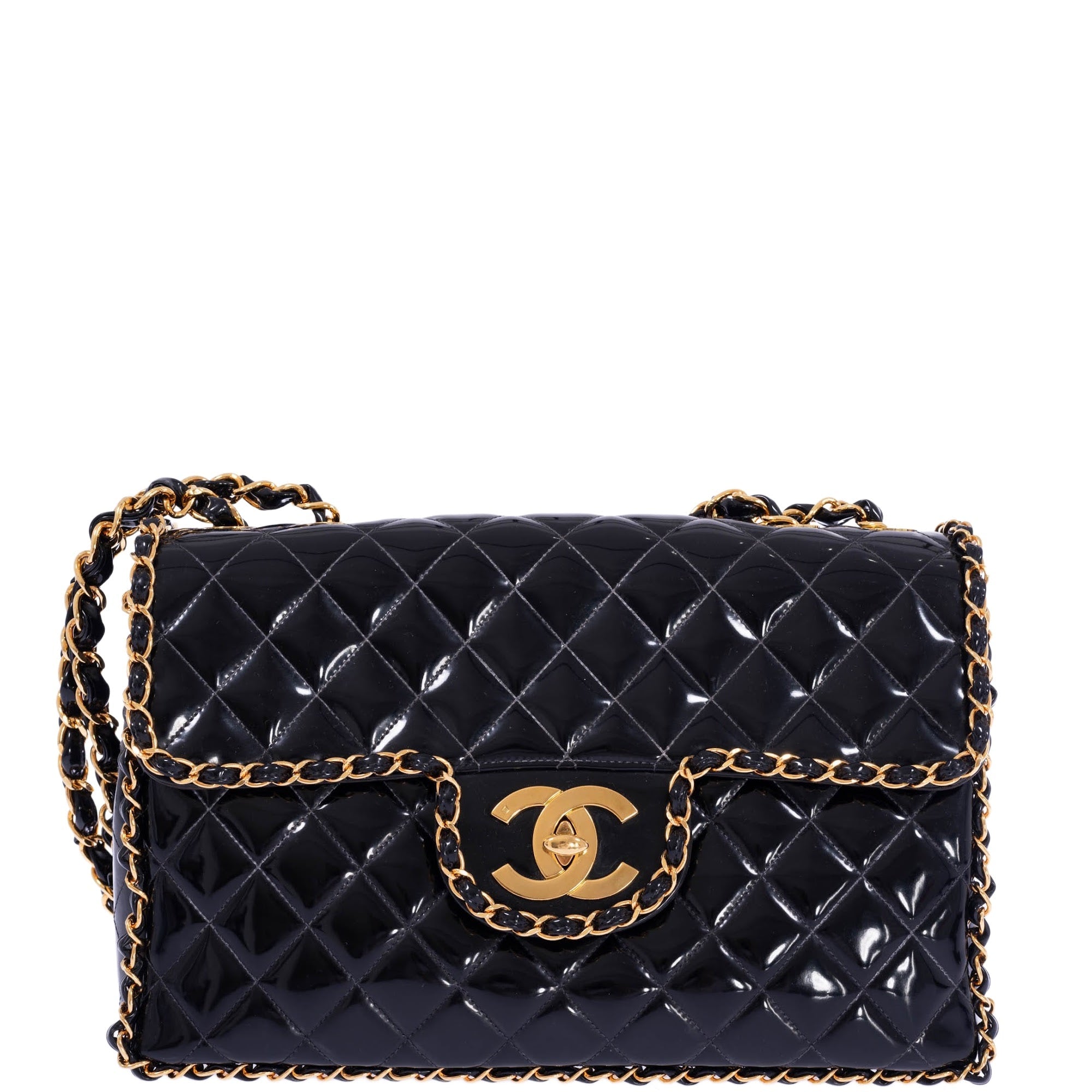 CHANEL Vintage Black Quilted Patent Leather Maxi Classic Chain Around Single Flap Gold Hardware