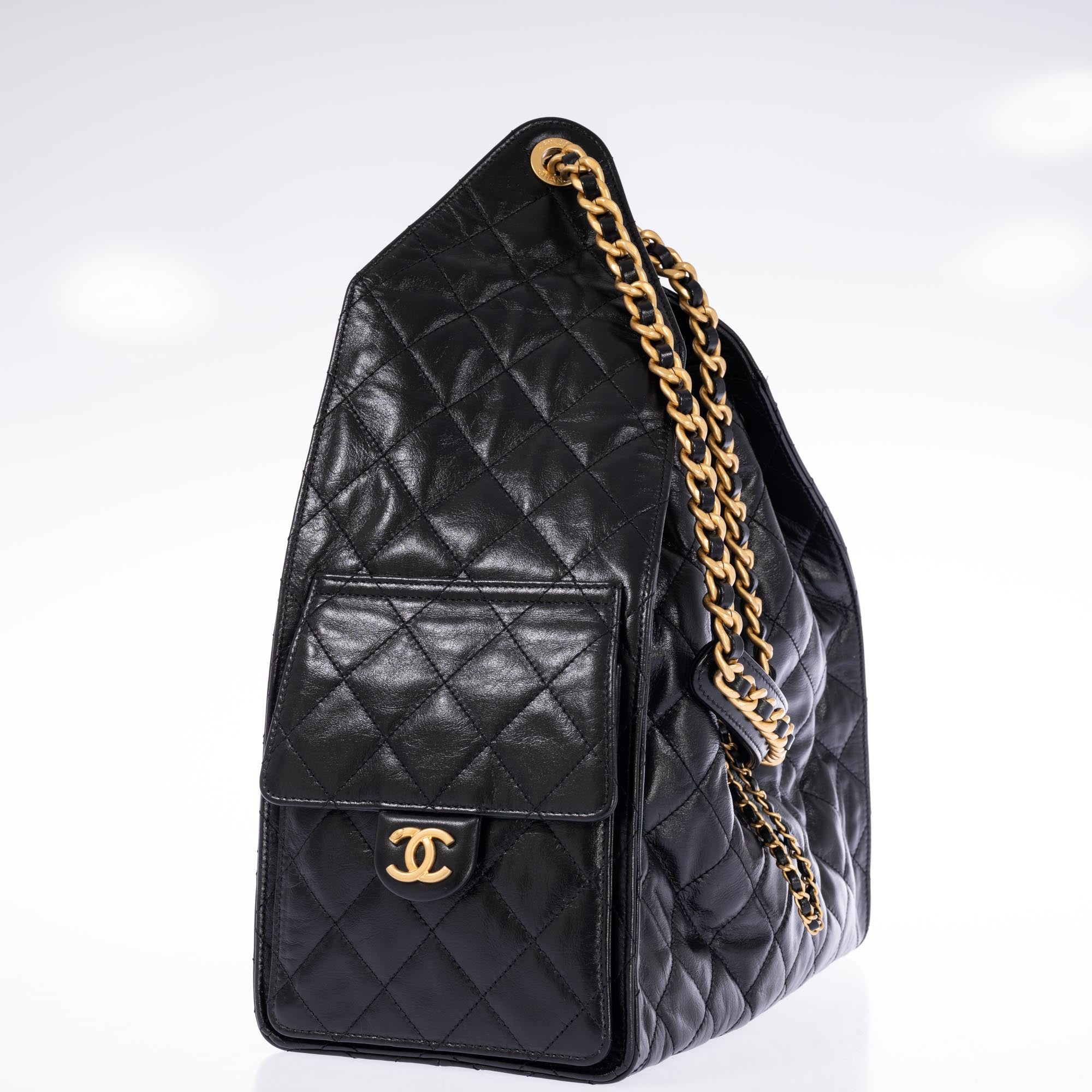 Chanel 25 Medium Handbag Black Shiny Crumpled Calfskin Gold-Tone & Ruthenium-Finish Hardware