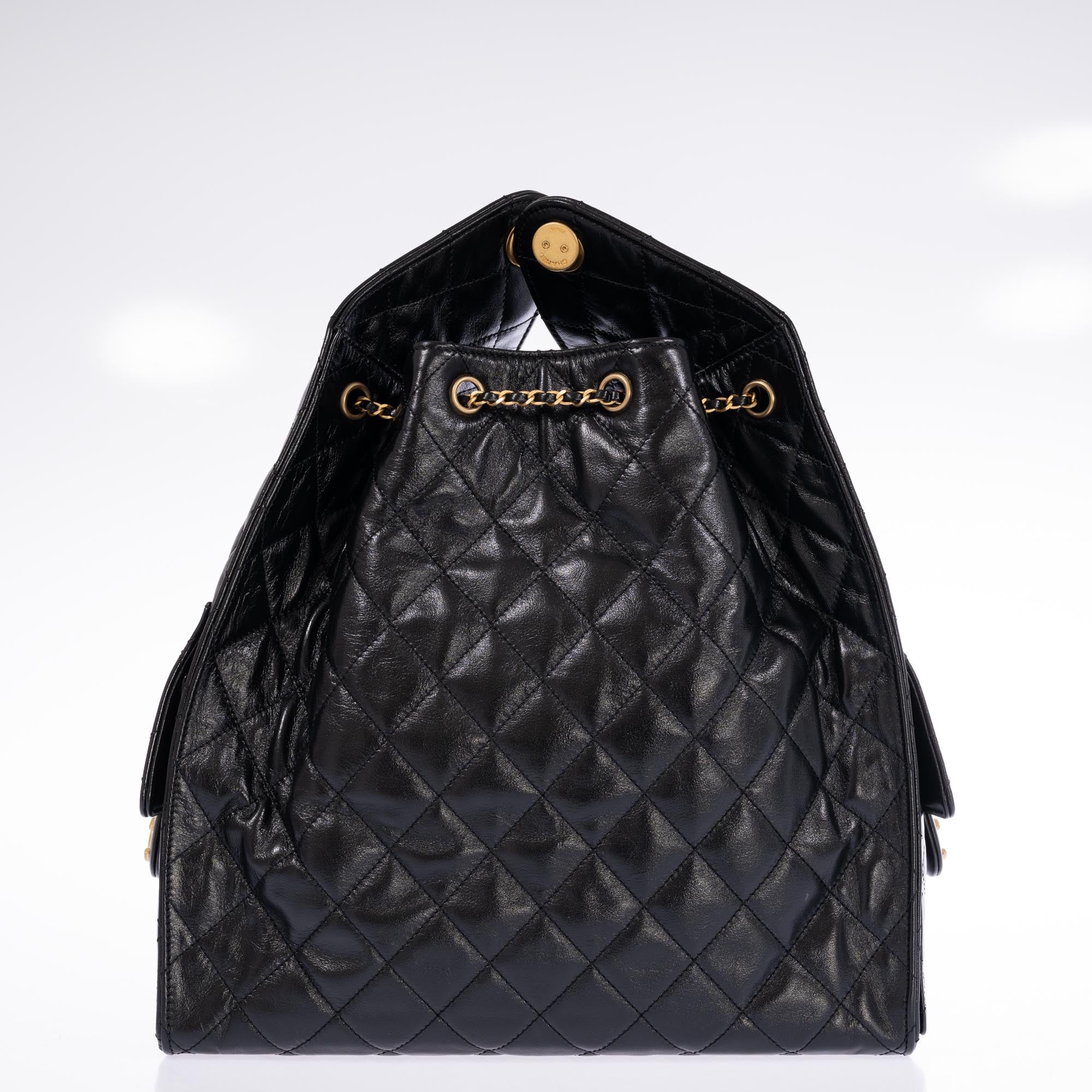 Chanel 25 Medium Handbag Black Shiny Crumpled Calfskin Gold-Tone & Ruthenium-Finish Hardware