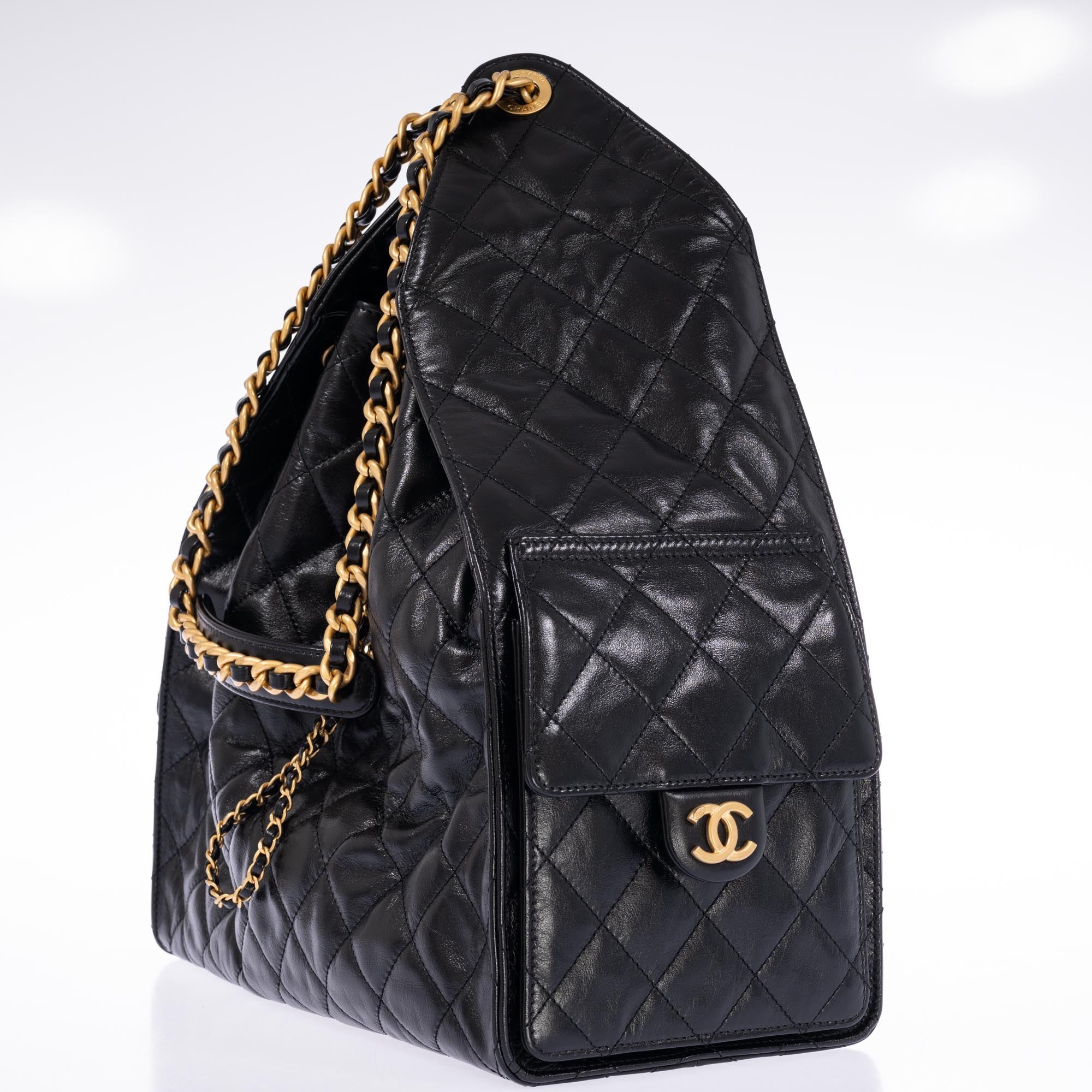 Chanel 25 Medium Handbag Black Shiny Crumpled Calfskin Gold-Tone & Ruthenium-Finish Hardware