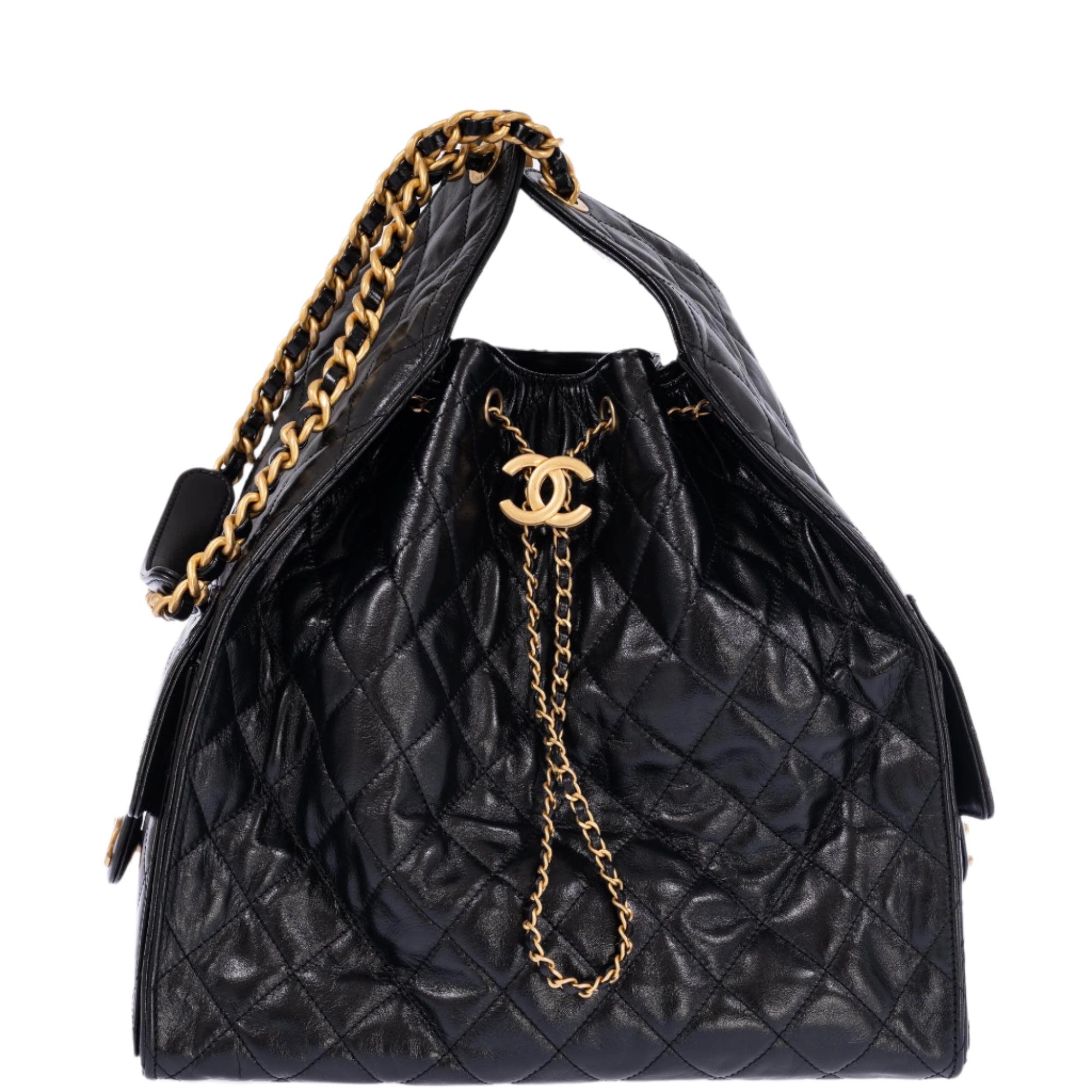 Chanel 25 Medium Handbag Black Shiny Crumpled Calfskin Gold-Tone & Ruthenium-Finish Hardware